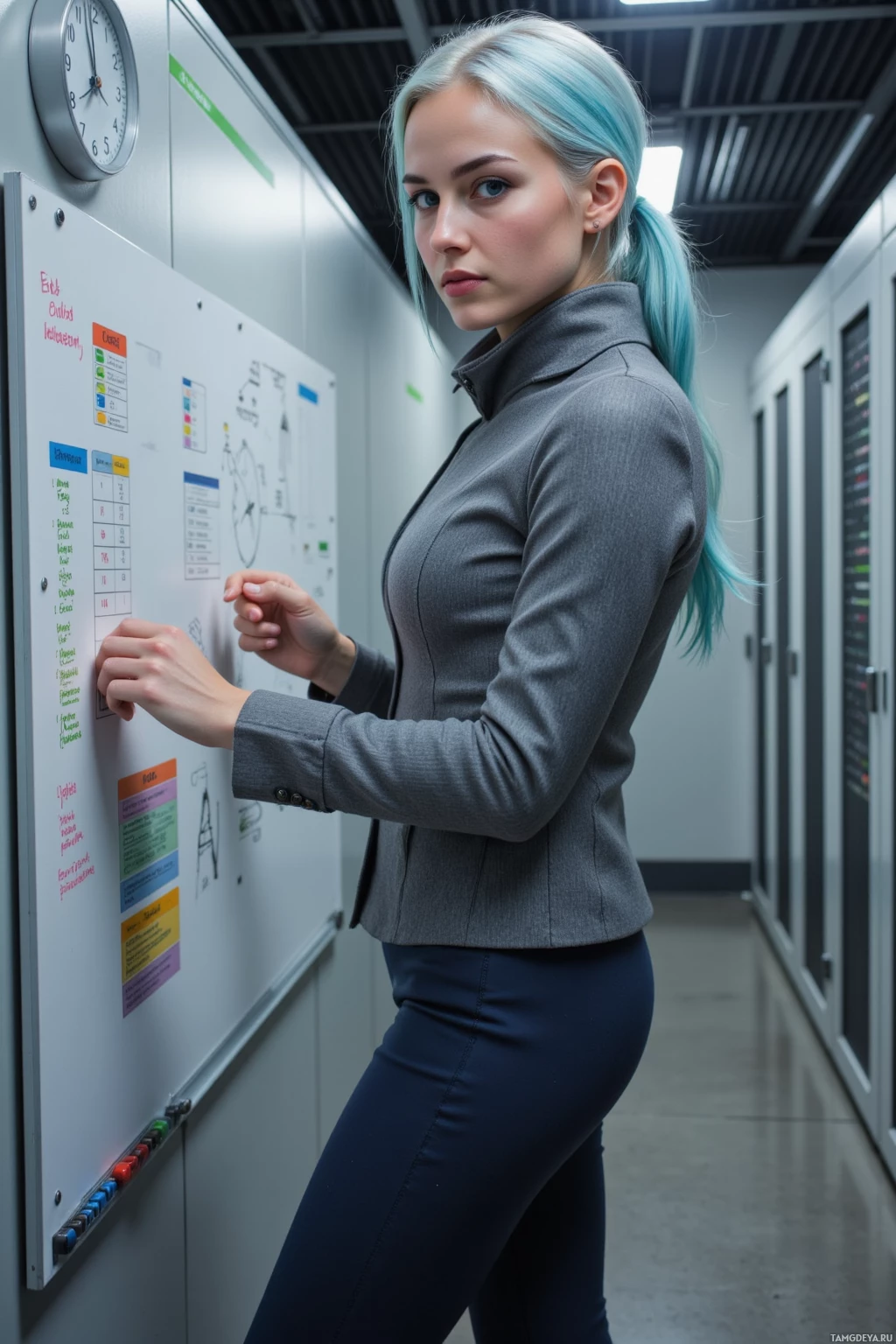 Realistic high quality photo. Female, 28, icy blue hair in sleek low ponytail, piercing blue eyes, porcelain pale skin, wearing fitted high‑collared gray jacket and tailored navy trousers, standing in a modern server room at 12:12 with a wall clock on the wall, straightening cables on a server rack while a color‑coded to‑do list sits beside stacked whiteboards filled with diagrams, offering a calm nod as a janitor enters.