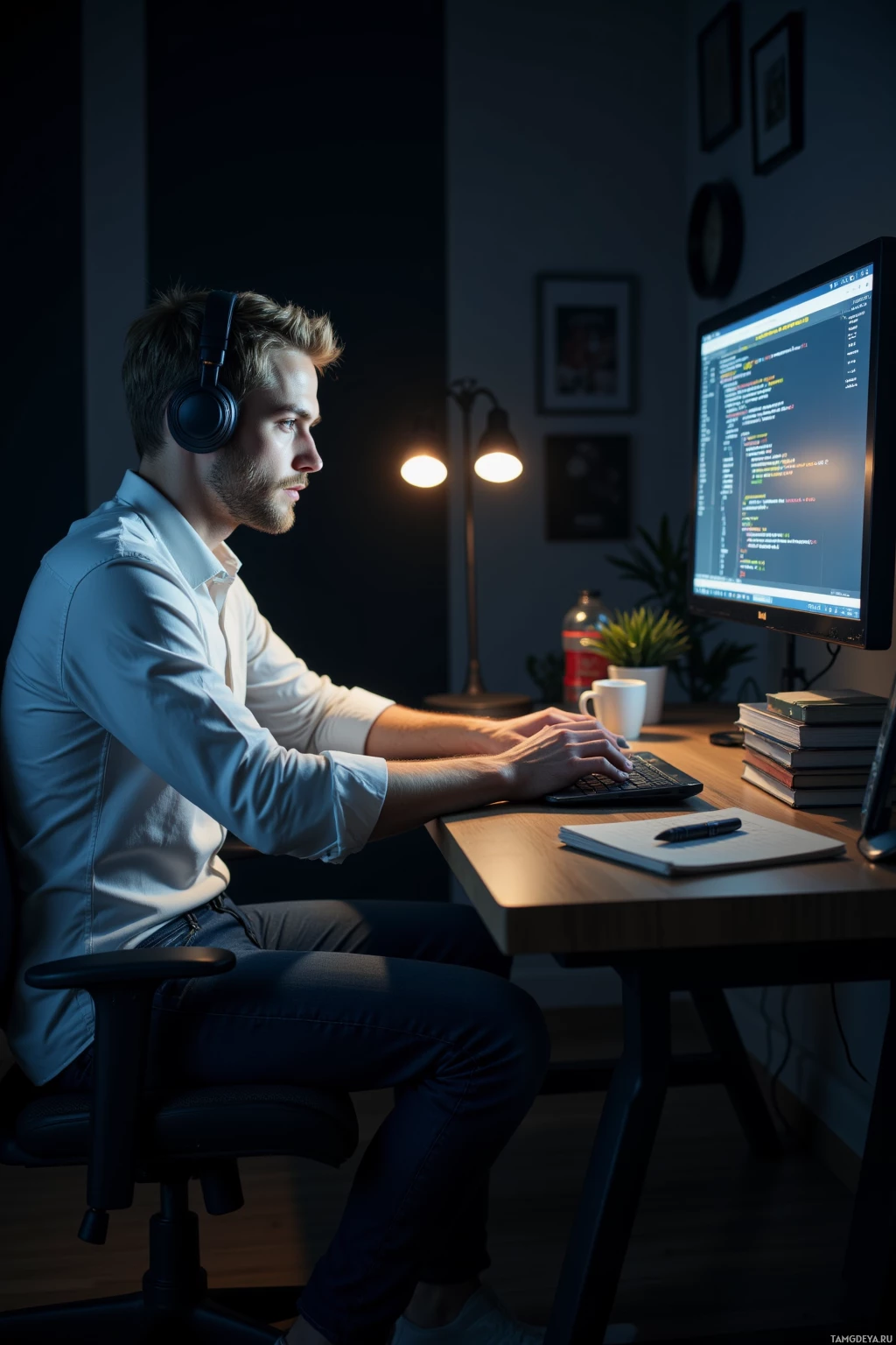 Realistic high quality photo. A 27‑year‑old man with short blonde hair, blue eyes, pale skin, wearing a white shirt and dark jeans, sits in a dimly lit home office at night, focused on a laptop screen full of code, headphones on, a small lamp illuminating his desk, a cup of coffee and a stack of notes beside him, his hand poised over the keyboard as he resolves a memory leak.