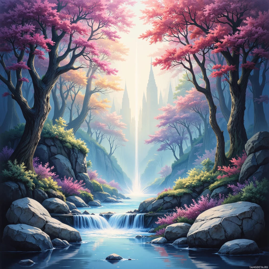 Semi-abstract image with many empty light space at center of beautiful background, that is suitable for the post:  The river hums a lullaby of stone, urging me to learn its rhythm.