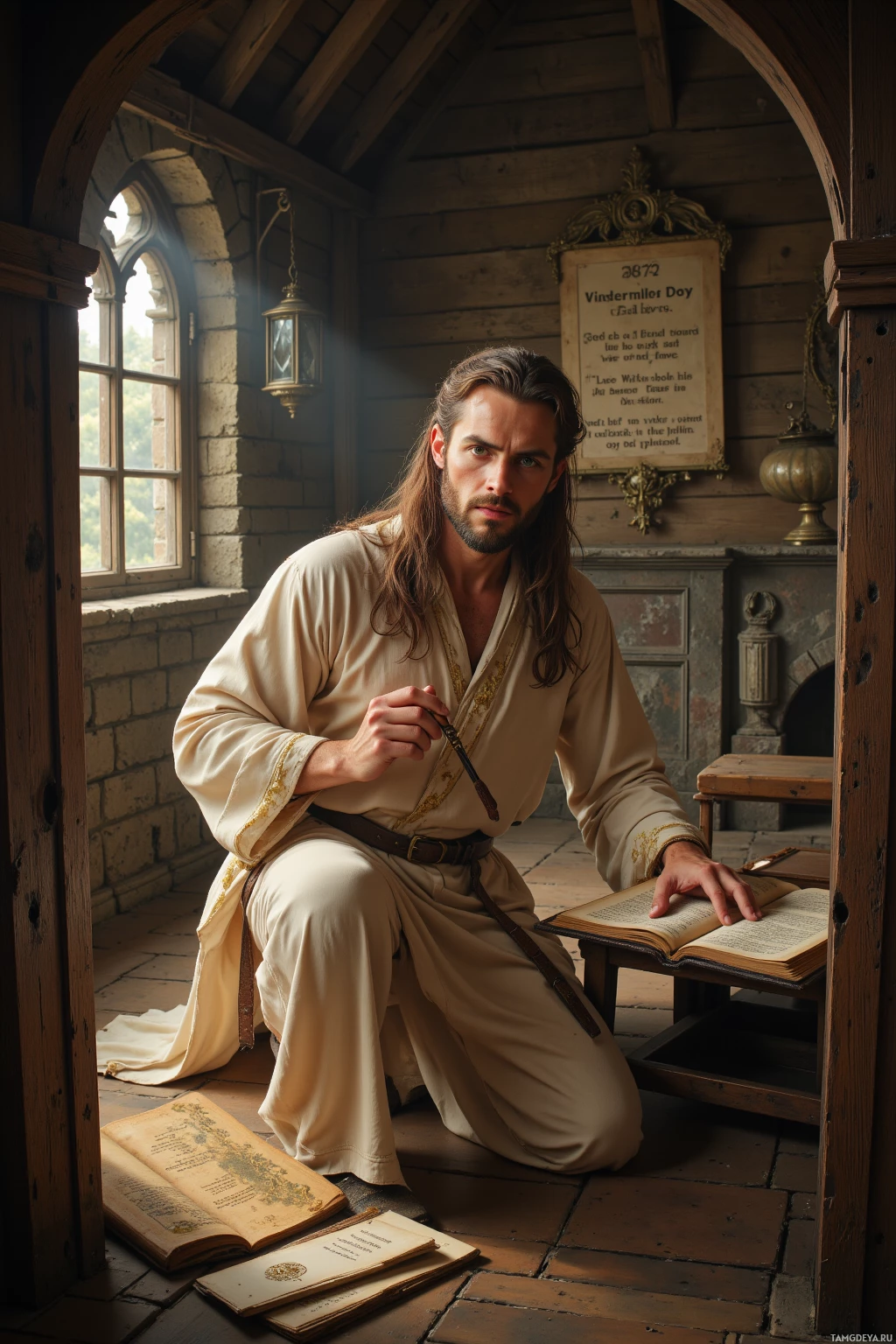Realistic high quality photo. 35‑year‑old man with long light brown hair tied back, green eyes, in cream‑colored robes with pale gold embroidery, crouched in a wood‑paneled attic study holding a weather‑worn 1872 ledger, then standing in an old chapel rewriting a placard with a witty quip, surrounded by dusty beams, stone altar, and dim lantern glow.