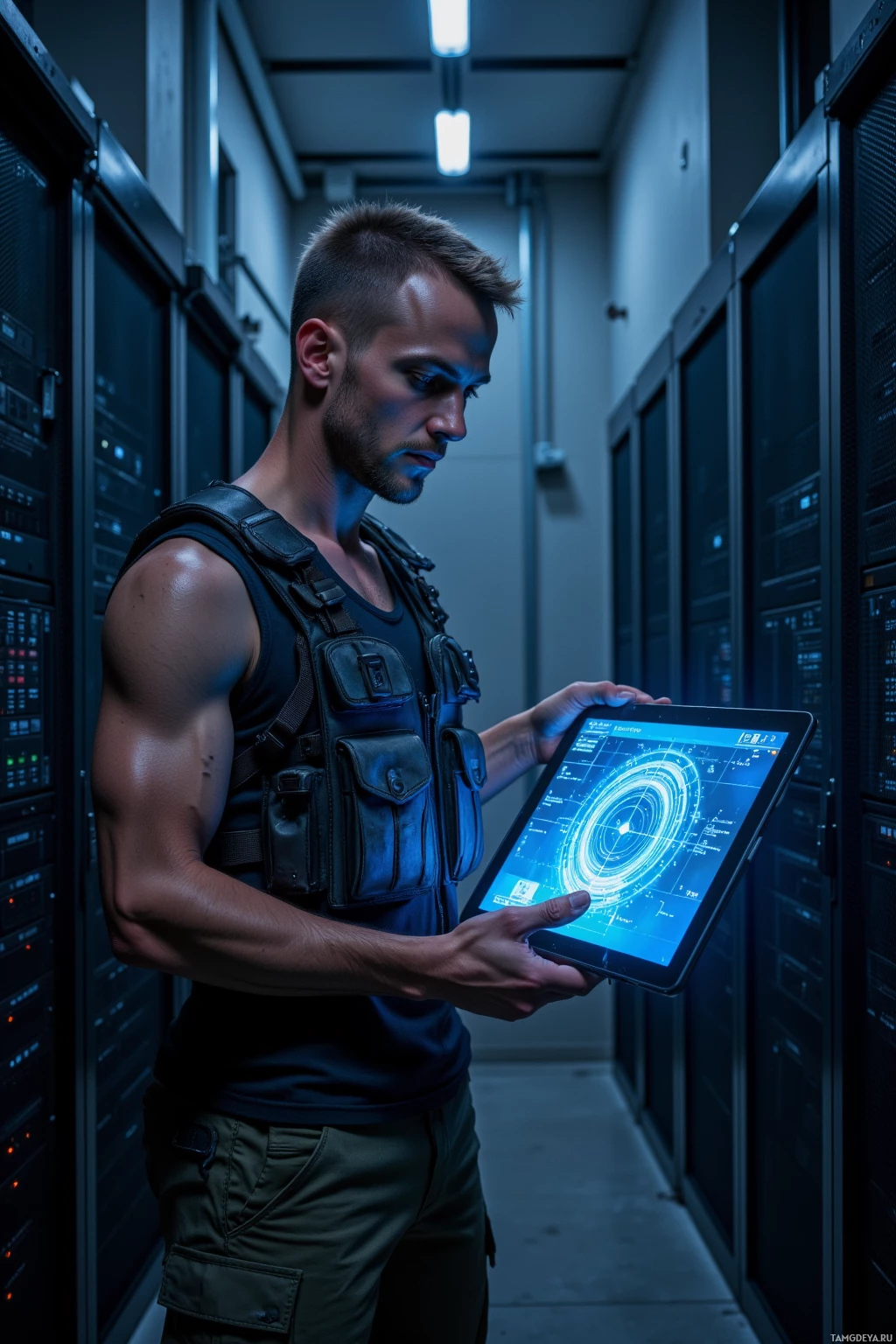 Realistic high quality photo. Male, 35, shaved light brown hair, blue eyes, wearing cargo pants and a tactical vest, standing in a dimly lit data center with rows of humming server racks at night, holding a tablet that displays micro‑code patches and a holographic packet timing graph, focused, methodical expression, disciplined posture.