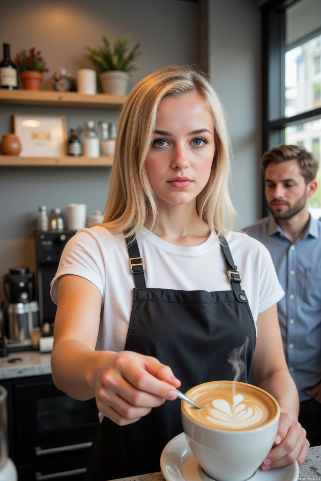 Realistic high quality photo. Barista woman, shoulder-length blonde hair, bright blue eyes, wearing a simple white t-shirt and apron, standing behind a modern coffee shop counter, swirling a tiny tiger paw latte art on a steaming cappuccino foam, soft morning light filtering through a corner with a vintage jazz record player, customers laughing and smiling in the background.