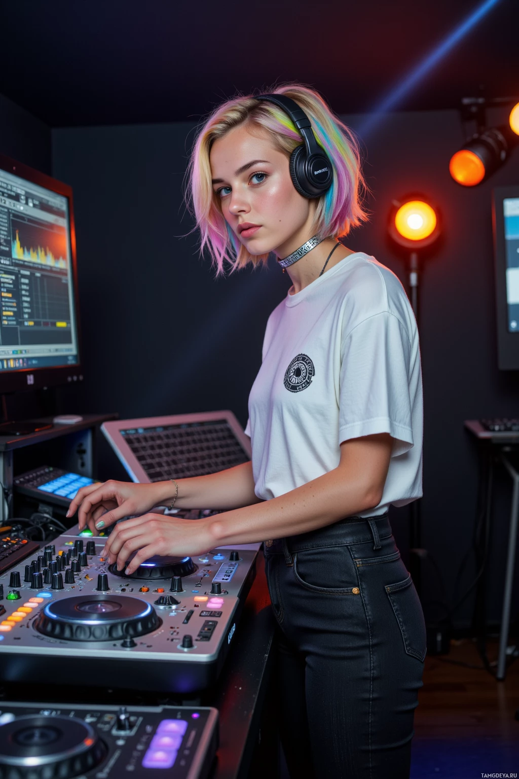 Realistic high quality photo. A woman in her mid‑twenties with pastel pink, blue, and yellow messy bob hair, bright blue eyes, pale skin, wearing a white graphic t‑shirt, high‑waisted black jeans, white sneakers, and a silver choker stands in a dimly lit studio at night, hands poised over a mixing console with glowing LED panels and headphones on, surrounded by bass equipment and soft amber lights, focused yet slightly overwhelmed as she crafts a new track, the room’s quiet pause reflected in the gentle glow of monitors and a faint silhouette of a dancing crowd.