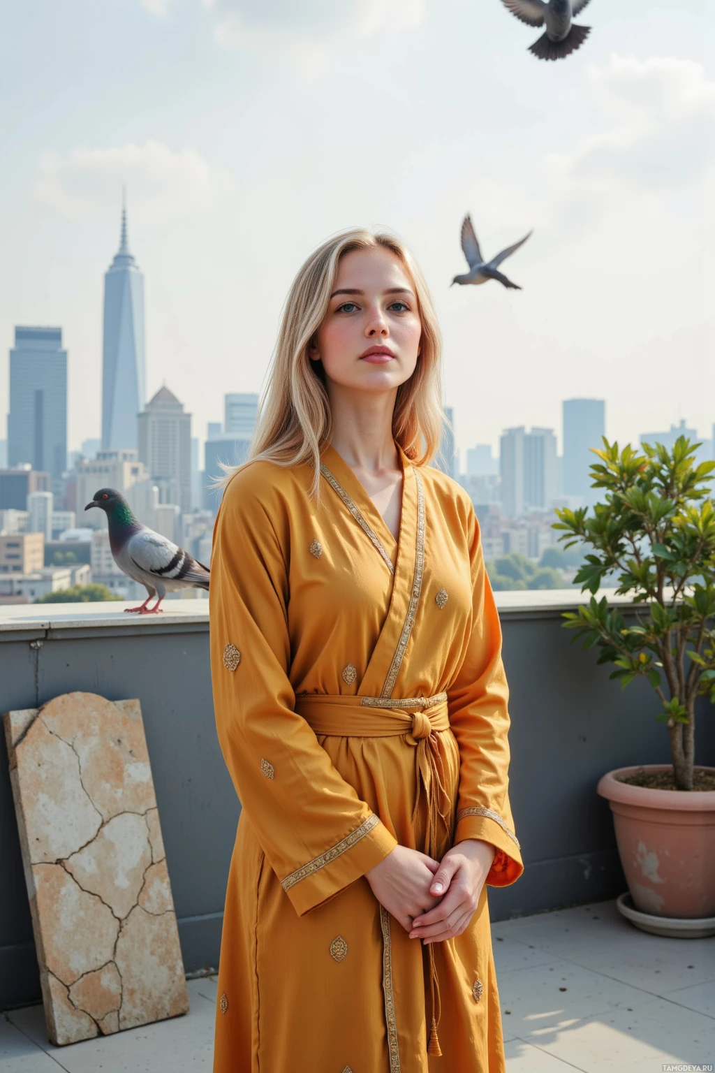 Realistic high quality photo. Morning rooftop terrace overlooking an urban skyline, a 29‑year‑old woman with long flowing blonde hair and calm blue eyes wearing a silk robe embroidered with lotus patterns cinched by a golden sash stands calmly teaching meditation to a small group as pigeons hover around, while a cracked stone slab leans against the railing beside a potted plant.