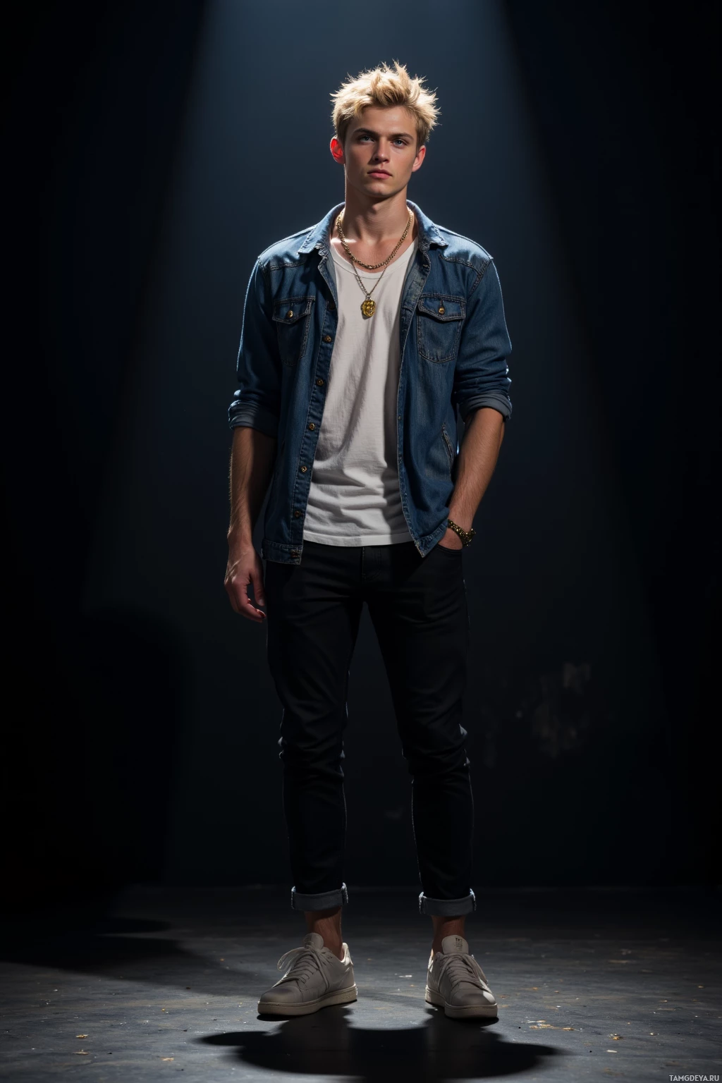 Realistic high quality photo. A 26‑year‑old man with messy blonde hair, bright blue eyes, fair skin, wearing trendy casual clothes and a flashy gold chain, standing confidently under harsh midnight studio lights, spotlighting himself while shadows dance on a dark backdrop.