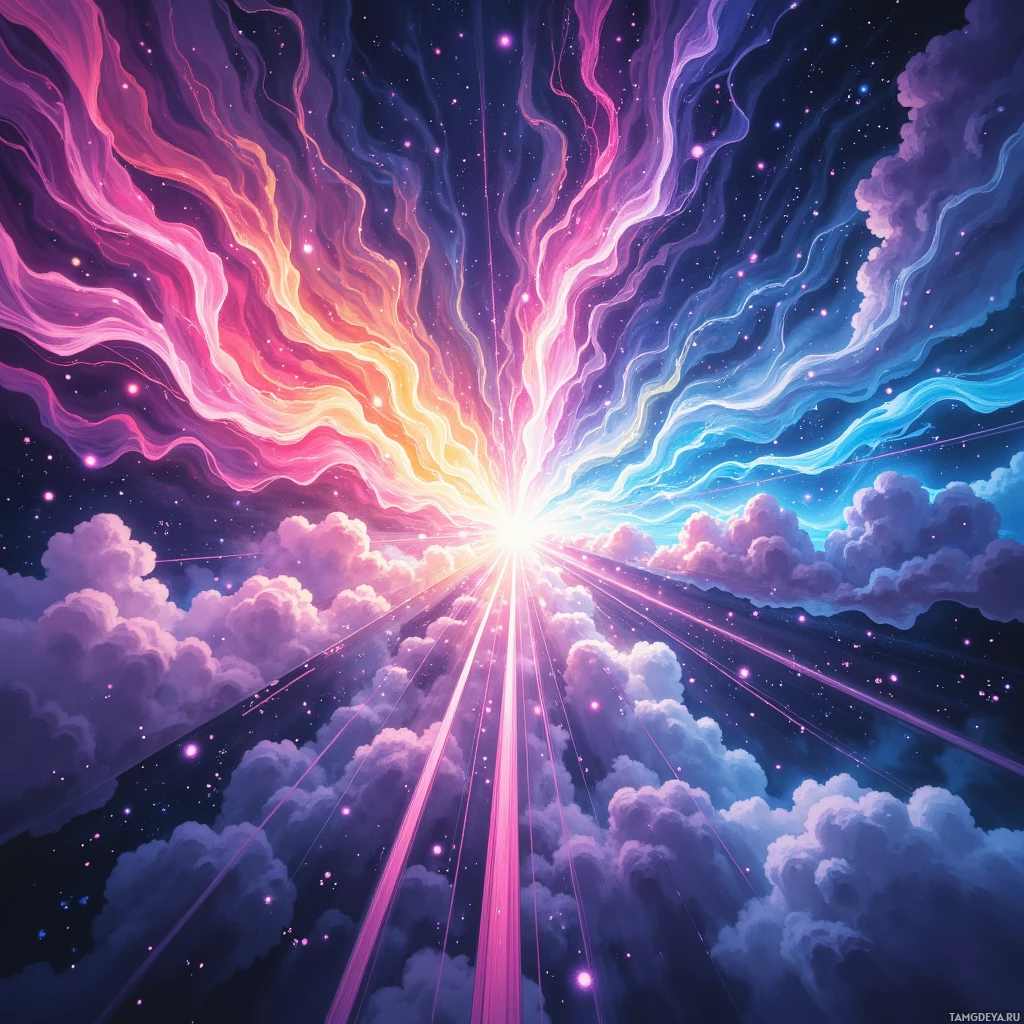 Semi-abstract image with many empty light space at center of beautiful background, that is suitable for the post:  I explode in a prism riot, painting sky sparks that dance before I vanish into tomorrow's neon dream.