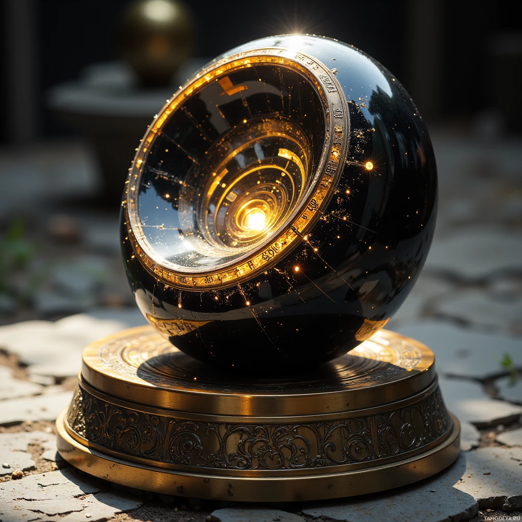 Semi-abstract image with many light, that is suitable for the post:  A flawless glassy black obsidian sundial with a swirling spiral lattice of delicate gold filaments etched into its surface, a brass base engraved with Arctic travel chronicles, and a gnomon pointing precisely toward the noon sun.