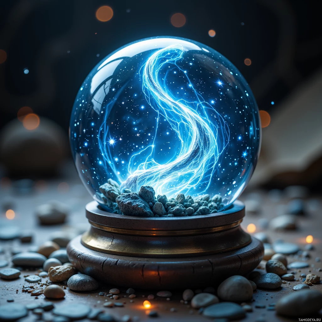 Semi-abstract image with many light, that is suitable for the post:  Tiny glass globe with swirling deep blue interior light, faint silver constellations etched inside, smooth translucent glass, subtle metallic button, gentle glow, delicate spinning mechanism, soft pastel edges.