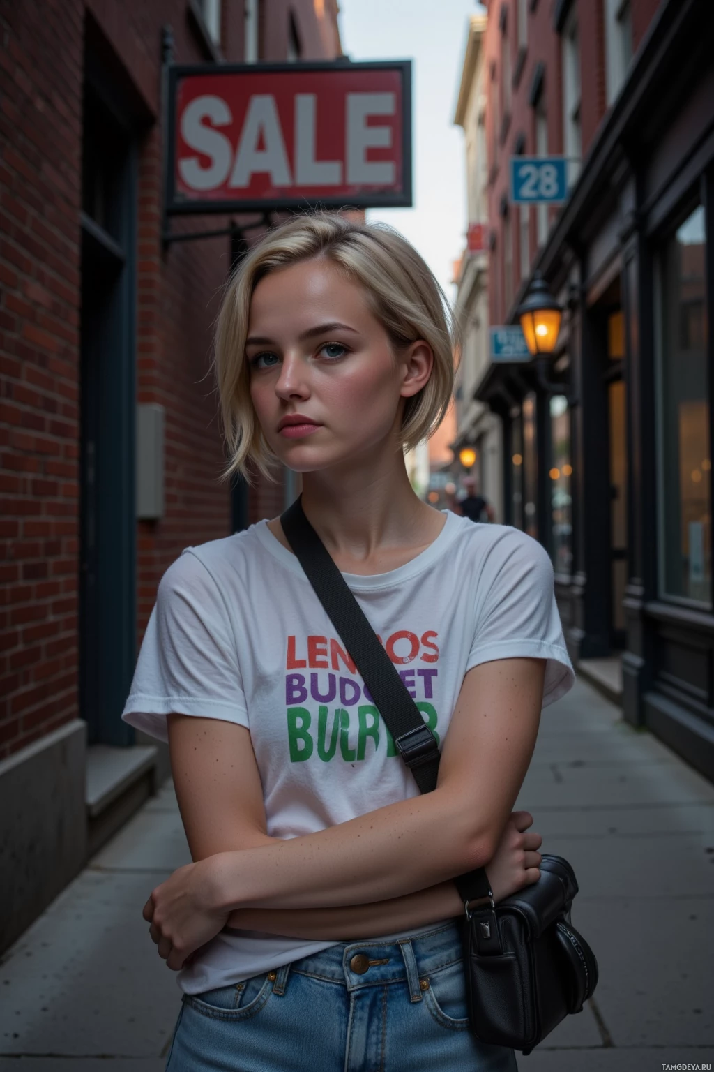 Realistic high quality photo. Woman 28, short blonde hair, blue eyes, freckles, wearing a white graphic t‑shirt and jeans, holding a DSLR camera bag, standing in a dusk‑lit narrow city alley with brick walls and a faded “SALE” sign advertising budget lenses, focused on capturing fleeting light through her camera.