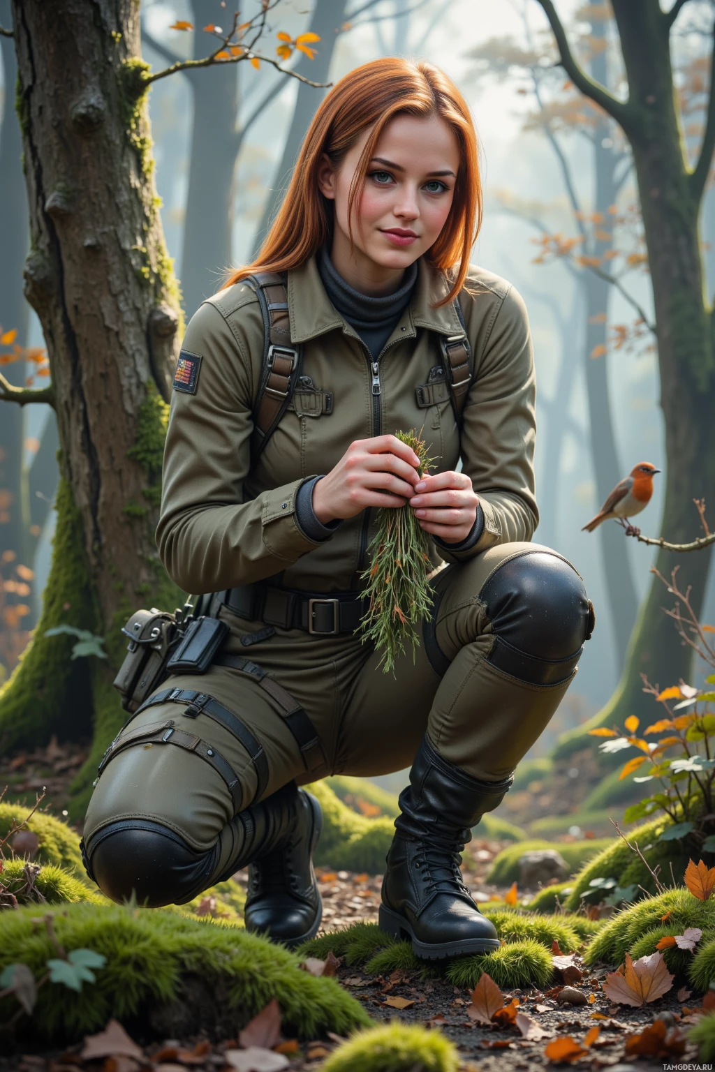 Realistic high quality photo. A 28‑year‑old female hunter with sleek auburn hair, amber eyes, pale skin, wearing lightweight tactical gear with a utility belt and knee‑high boots, silently stalking through a dawn‑lit forest canopy where moss glows silver, a robin perches nearby, she smiles as she knots a bundle of silver lich herbs with dew glistening on the leaves.