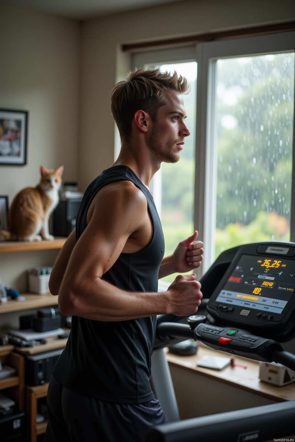 Realistic high quality photo. 27-year-old man with short blonde hair, bright blue eyes, wearing a sleeveless black tank top and matching athletic shorts, running intensely on a treadmill inside a modest living room, rain drizzles through a window where a cat perched on the ledge nudges him, a leaderboard display on the treadmill screen shows his progress, morning light filters in, his face focused and determined.