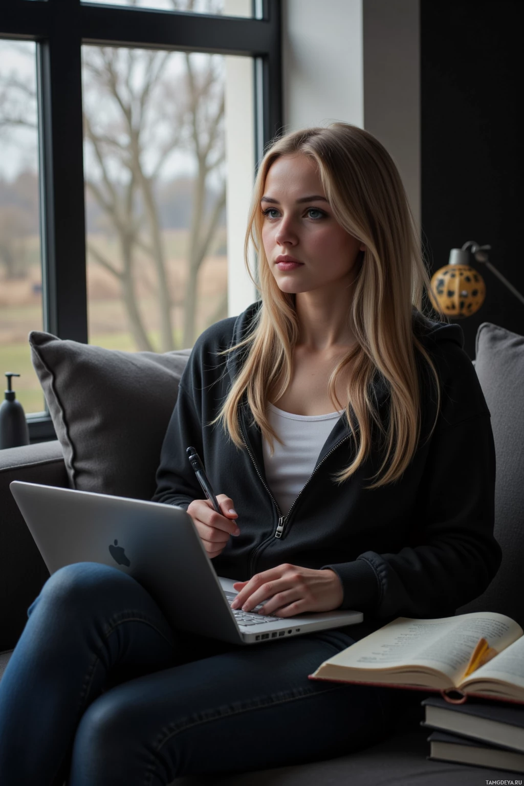 Realistic high quality photo. Long-haired blonde woman in a soft hoodie and fitted jeans sits on a sofa by a large window in a dim living room, intently watching a film on a laptop while scribbling notes in a notebook, her expression distant yet humorously critical.