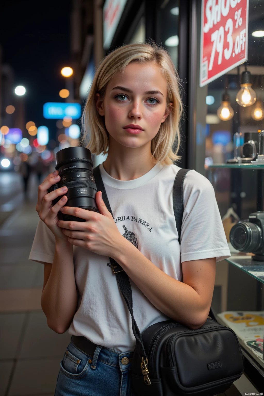 Realistic high quality photo. Female, 28, short blonde hair, blue eyes, freckles, wearing a white graphic t‑shirt and jeans, holding a DSLR camera bag, standing at a camera shop at night, checking a 70% discount price tag on a wide‑angle lens, city lights outside reflecting off glass, focused and excited, modern urban realism.