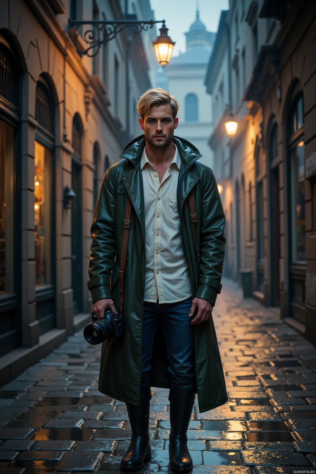 Realistic high quality photo. A 27-year-old man with short blonde hair and piercing blue eyes, pale skin, wearing a dark green raincoat over a white shirt and sturdy rubber boots, standing in a rain-soaked cobblestone alley under a single streetlamp that reflects light in a puddle, holding a camera, late evening, capturing a calm, reflective mood.