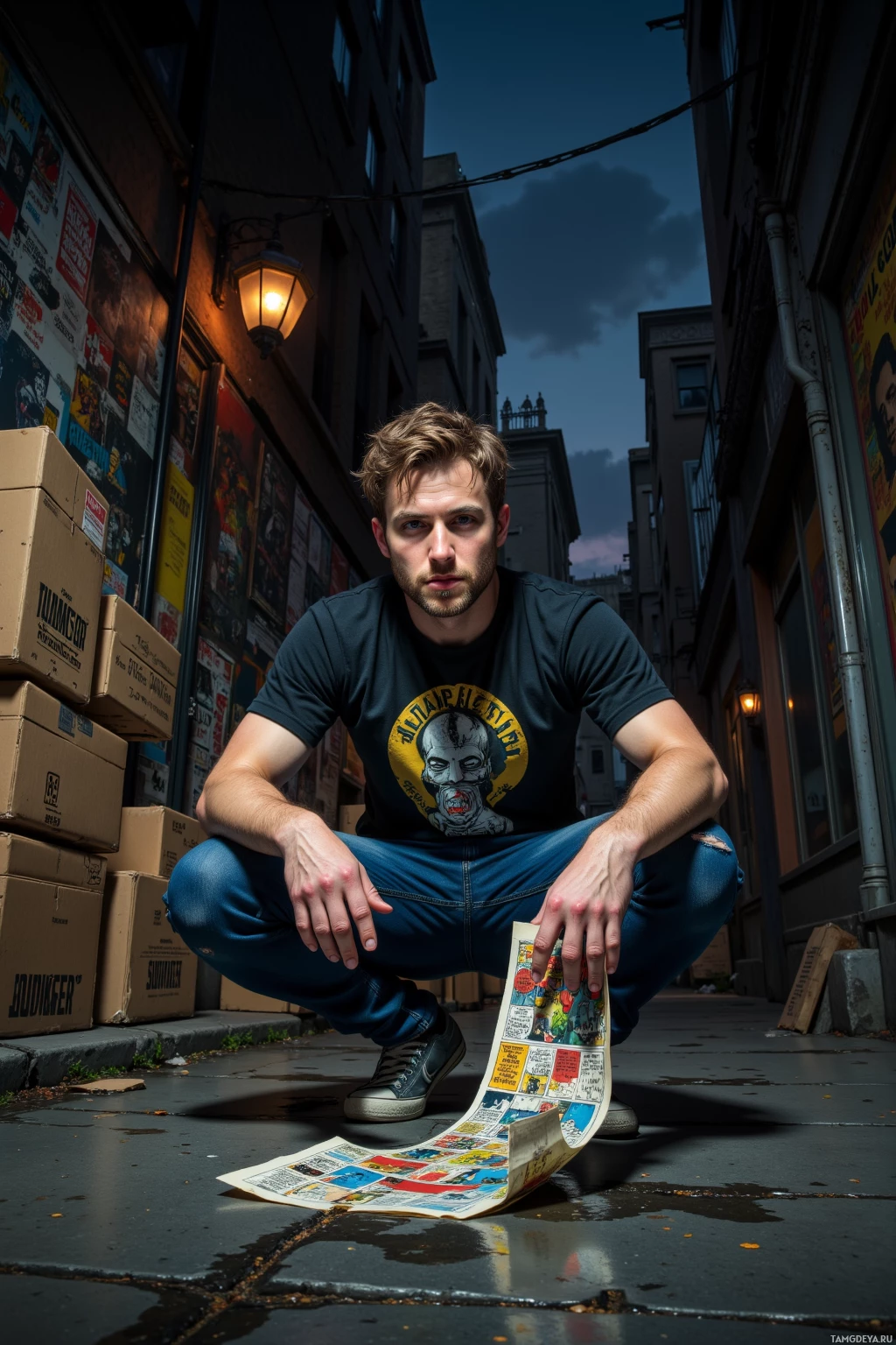 Realistic high quality photo. A man, 30, light brown messy short hair, bright blue eyes, pale skin, wearing a black graphic t‑shirt, worn jeans, and scuffed canvas shoes, crouches in a dimly lit night alley under a lone streetlamp, holding a reclaimed comic strip in one hand while sliding a rogue print into a rain‑slick gutter, surrounded by stacks of cardboard comic boxes and faded poster art on the walls.