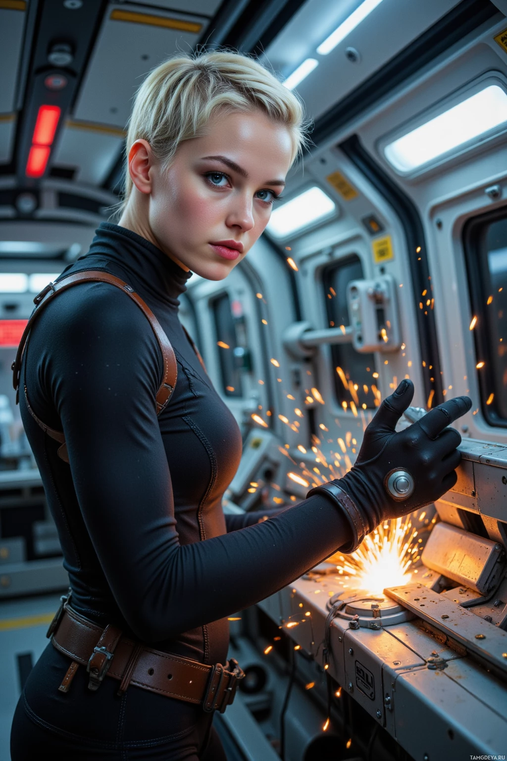 Realistic high quality photo. Female mechanic, 27, short platinum blonde hair, blue eyes, fair skin, dark sleek futuristic suit with utility belt, confidently welding a deck air filter under flickering emergency lights on a spaceship corridor, sparks and metallic panels surrounding her as she adjusts a navigation array in a high‑pressure sci‑fi repair scene.