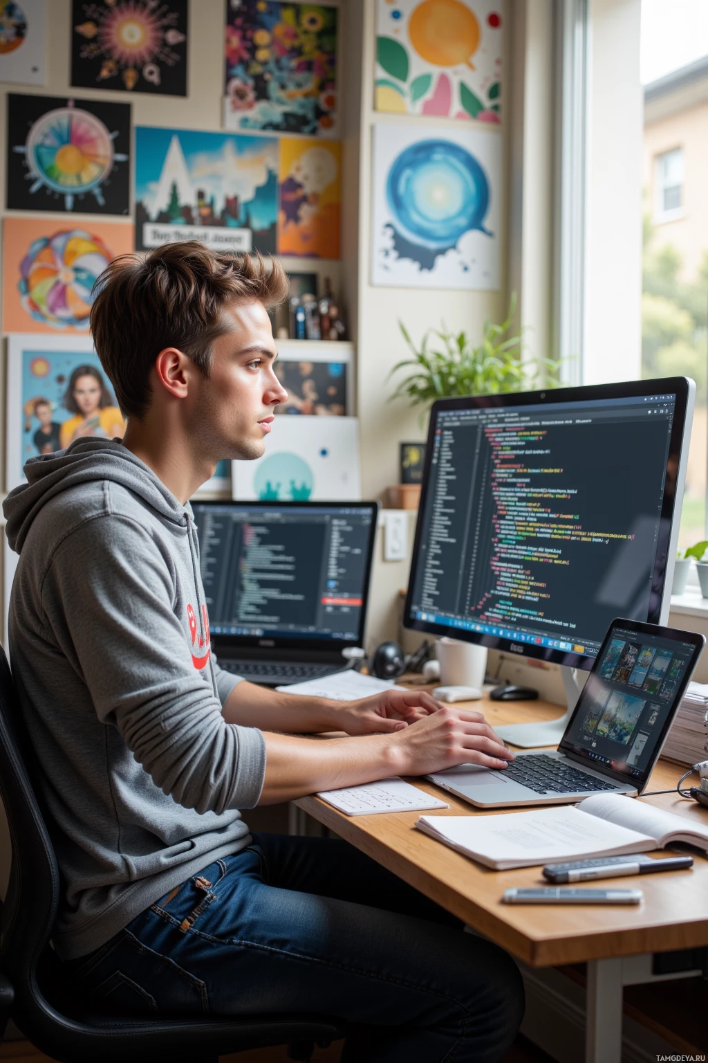 Realistic high quality photo. 29‑year‑old man with short light brown hair, blue eyes, pale skin, wearing a muted gray hoodie over a worn graphic tee and slim‑fit jeans, sits at a cluttered home office desk in daylight, intently reviewing lines of code on a computer monitor while drafting a bug report on a laptop, surrounded by stacks of obsolete tech and abstract art posters.