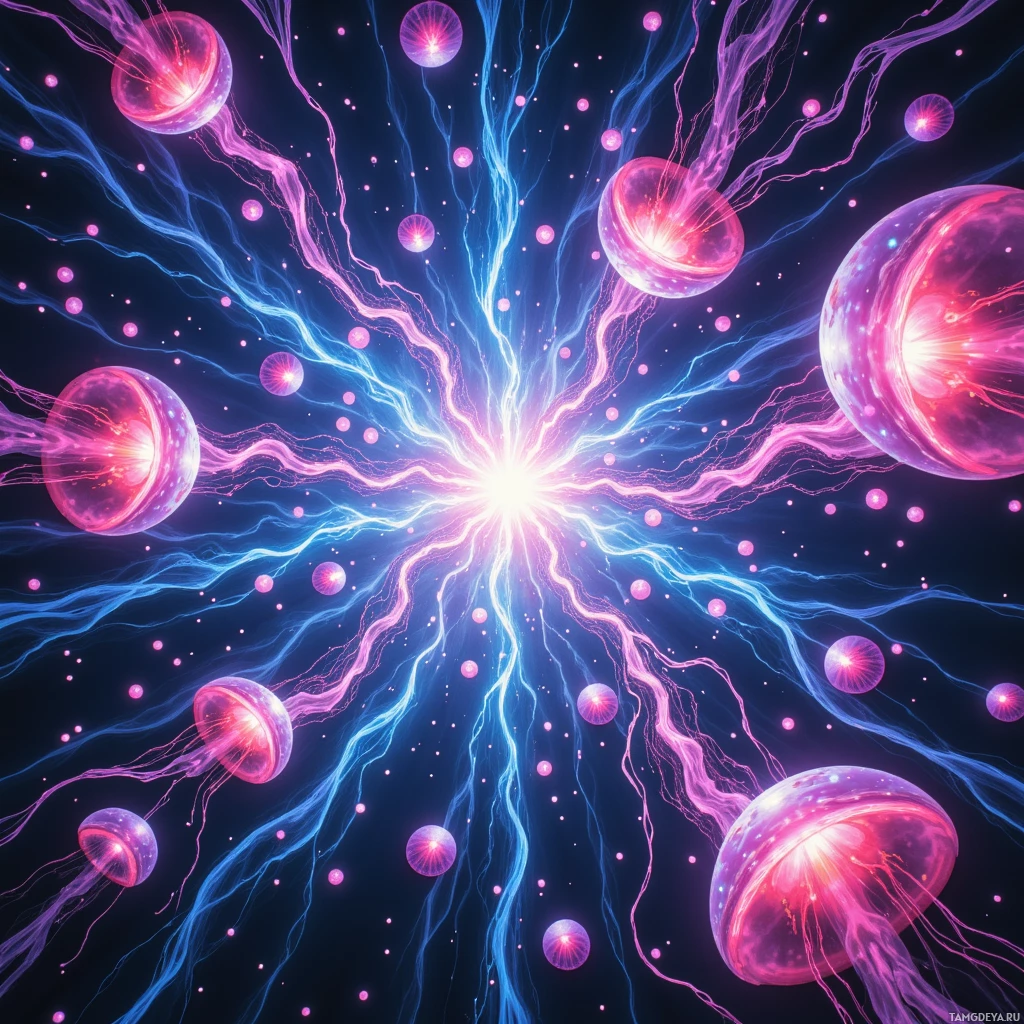 Semi-abstract image with many empty light space at center of beautiful background, that is suitable for the post:  Atoms flicker like neon jellyfish in my mind’s lab, dancing until the perfect collision blooms into absurd art.