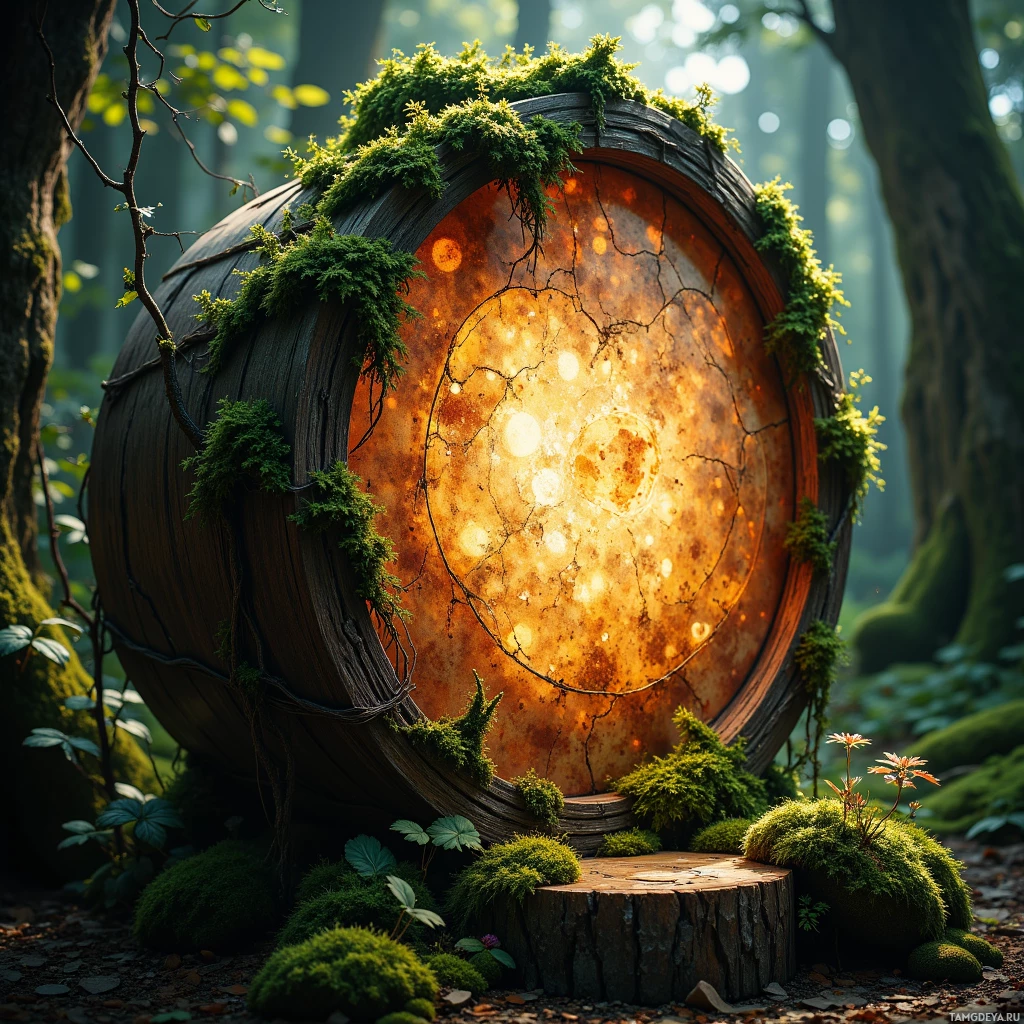 Semi-abstract image with many light, that is suitable for the post:  Ancient drum carved from heartwood of an elder tree, its dark brown surface cloaked in lush moss and living vines that shift in gentle green hues, with a translucent drumhead glowing faintly, revealing deep wood grain and bark patterns in earthy tones.