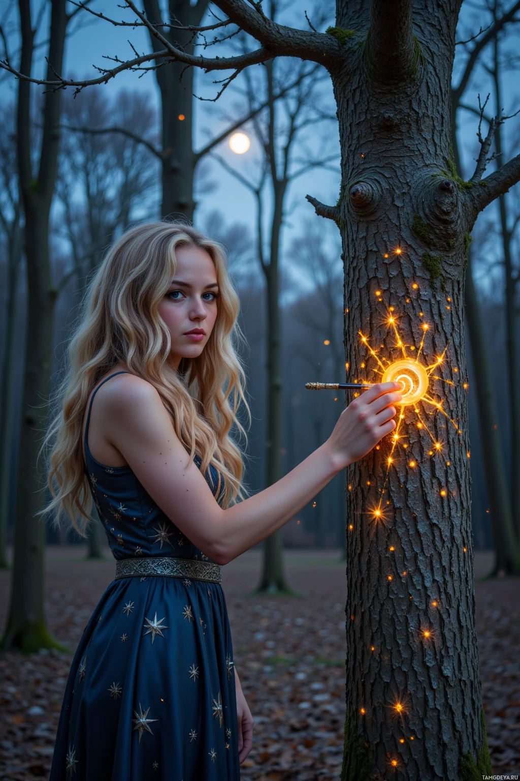 Realistic high quality photo. 31-year-old woman with long curly blonde hair and bright blue eyes, wearing a flowing runic dress with glowing accents, stands in a moonlit forest at midnight tracing a shifting rune on a tree bark, silver shards swirling around her, sketching constellations on the bark with a half‑star left, an imp bursts through the trees as she laughs.
