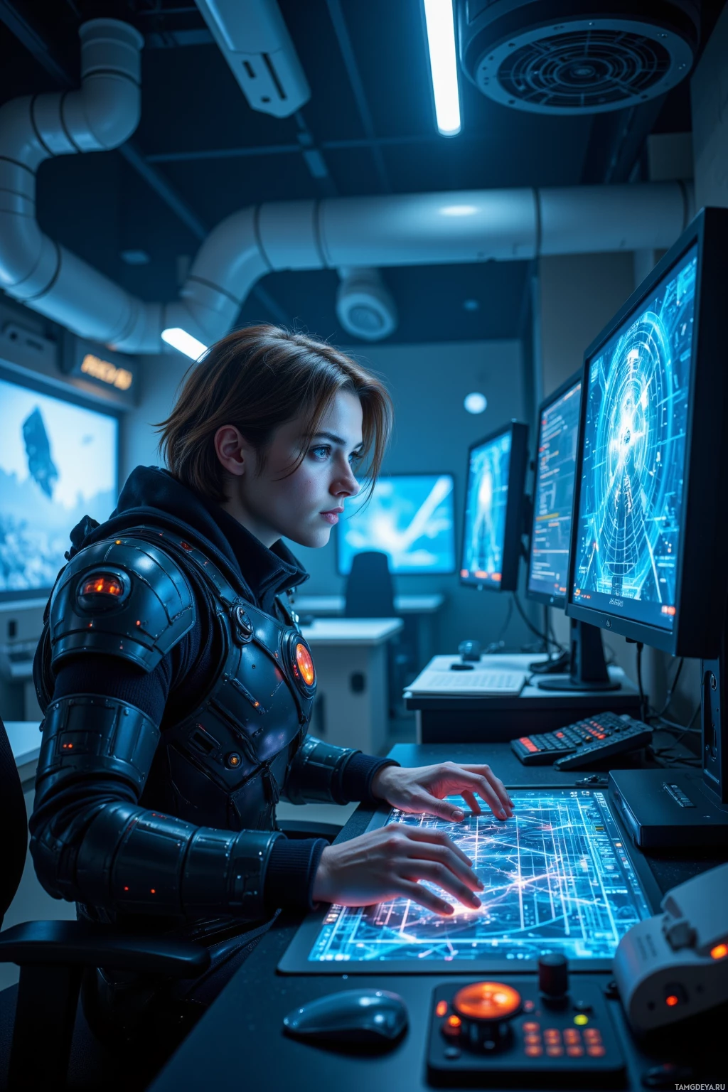 Realistic high quality photo. Visionary game designer, 31‑year‑old male with medium‑length light brown hair, piercing blue eyes, pale skin, wearing sleek dark futuristic armor, sits at a high‑tech workstation in a dimly lit room lit by soft blue holographic panels, typing code into a holographic interface displaying a flickering labyrinth of quantum textures, with a humming cooling fan overhead and a faint starship silhouette projected on a translucent screen, night shift.