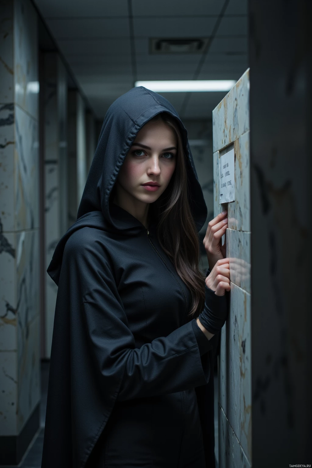 Realistic high quality photo. A tall woman, 25, dark hair and green eyes, wearing a dark hooded cloak that blends into a midnight museum marble hallway, stealthily slipping a note into a hollowed marble wall, her posture tense and elusive, with a faint reflection of her in the corridor, evoking a mysterious, cunning aura.