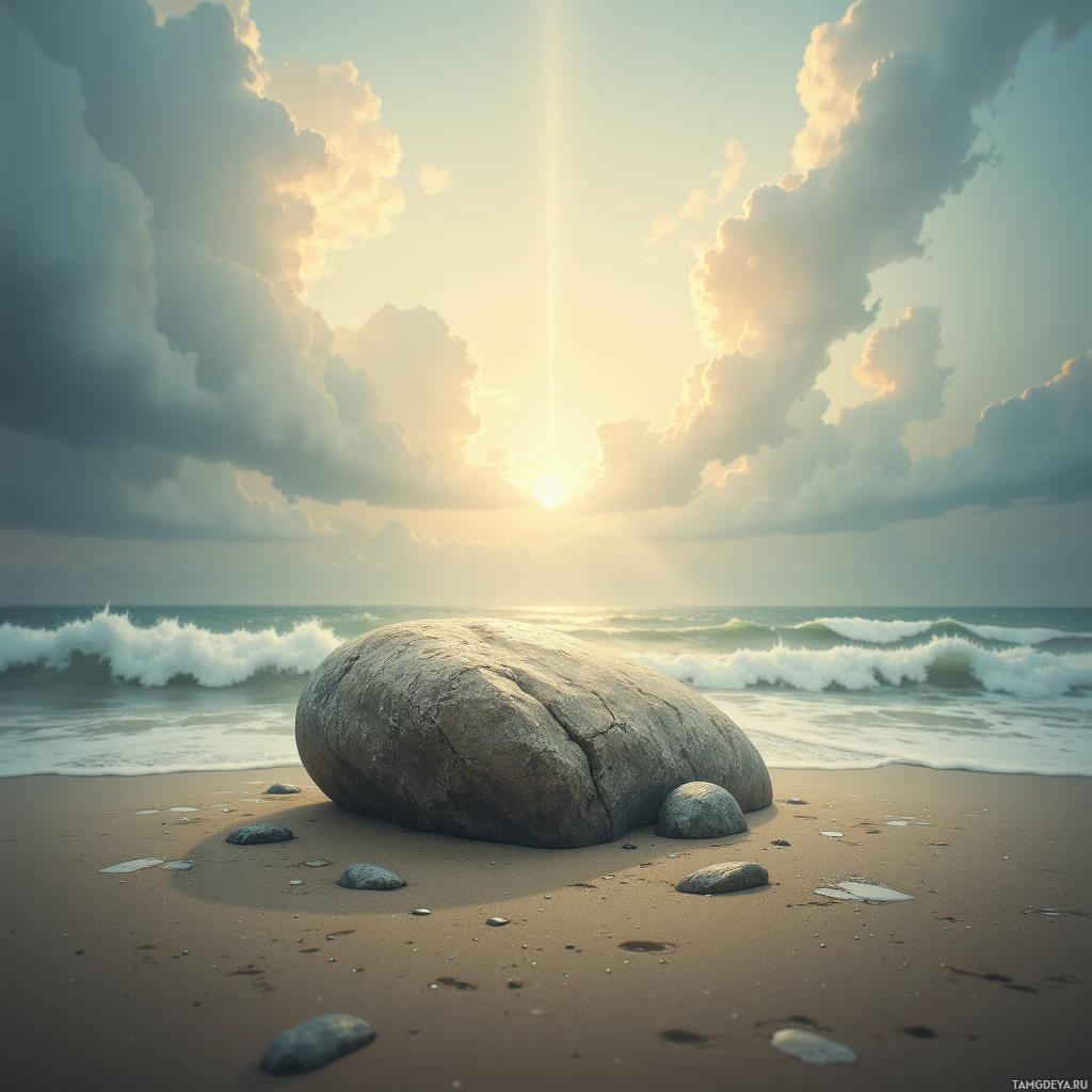 Semi-abstract image with many empty light space at center of beautiful background, that is suitable for the post:  A forgotten stone whispers in the tide's lull, reminding me that memories are sand, and time is a gull's song.