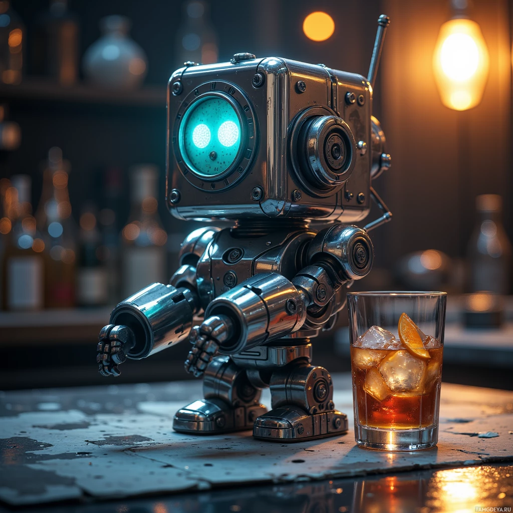 Semi-abstract image with many light, that is suitable for the post:  A small chrome cube robot bartender with a polished titanium shell, subtle chrome finish, a glowing LED face panel, and a glass of cocktail resting on its surface.