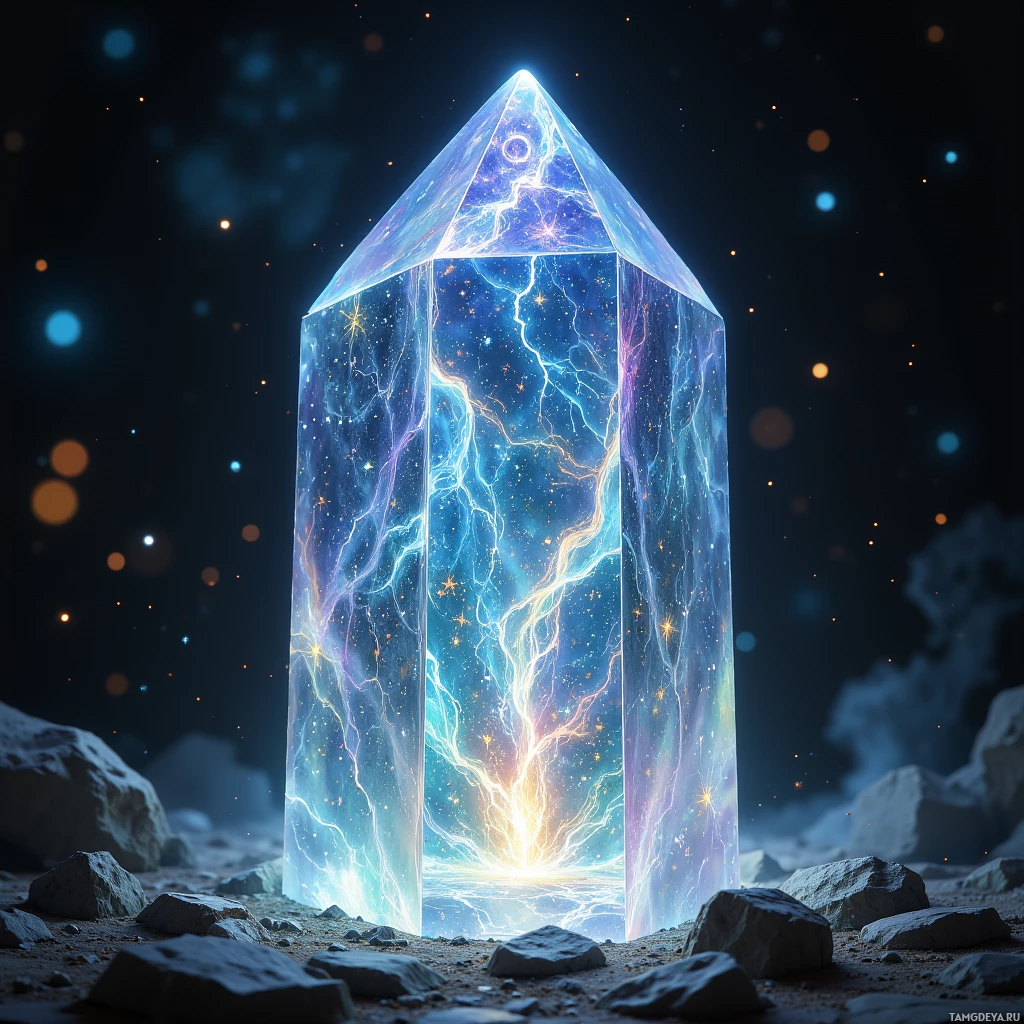 Semi-abstract image with many light, that is suitable for the post:  Translucent crystal prism with iridescent star‑filament veins, ancient glyphs etched on its surface glowing softly in shifting celestial hues, giving the illusion of a living, humming cosmic artifact.
