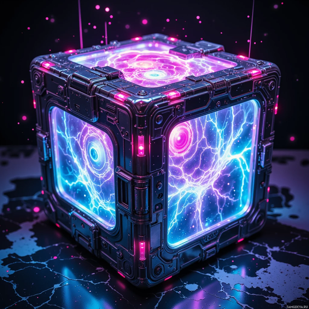 Semi-abstract image with many light, that is suitable for the post:  chrome-wrapped handheld cube with a neon‑glow core, surface a shifting mosaic of pixelated fractals pulsing like a 3D matrix, surrounded by translucent glitchy neon swirls, matte black edges, and subtle vaporwave color bleed.