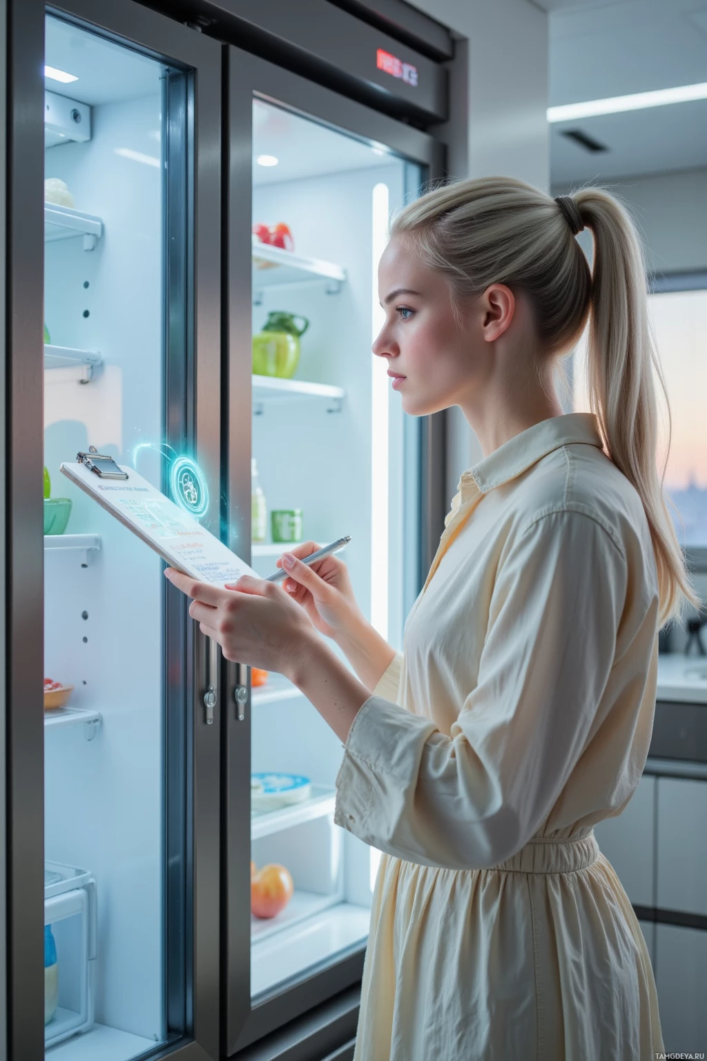 Realistic high quality photo. A 30‑year‑old woman with long silver hair in a tight bun and blue eyes, wearing a pale cream dress with faint geometric patterns and soft white slippers, stands in a sleek sci‑fi kitchen, methodically examining a humming refrigerator with blinking LED while jotting notes on a floating holographic clipboard, a digital calendar emoji icon hovering nearby, dusk lighting.