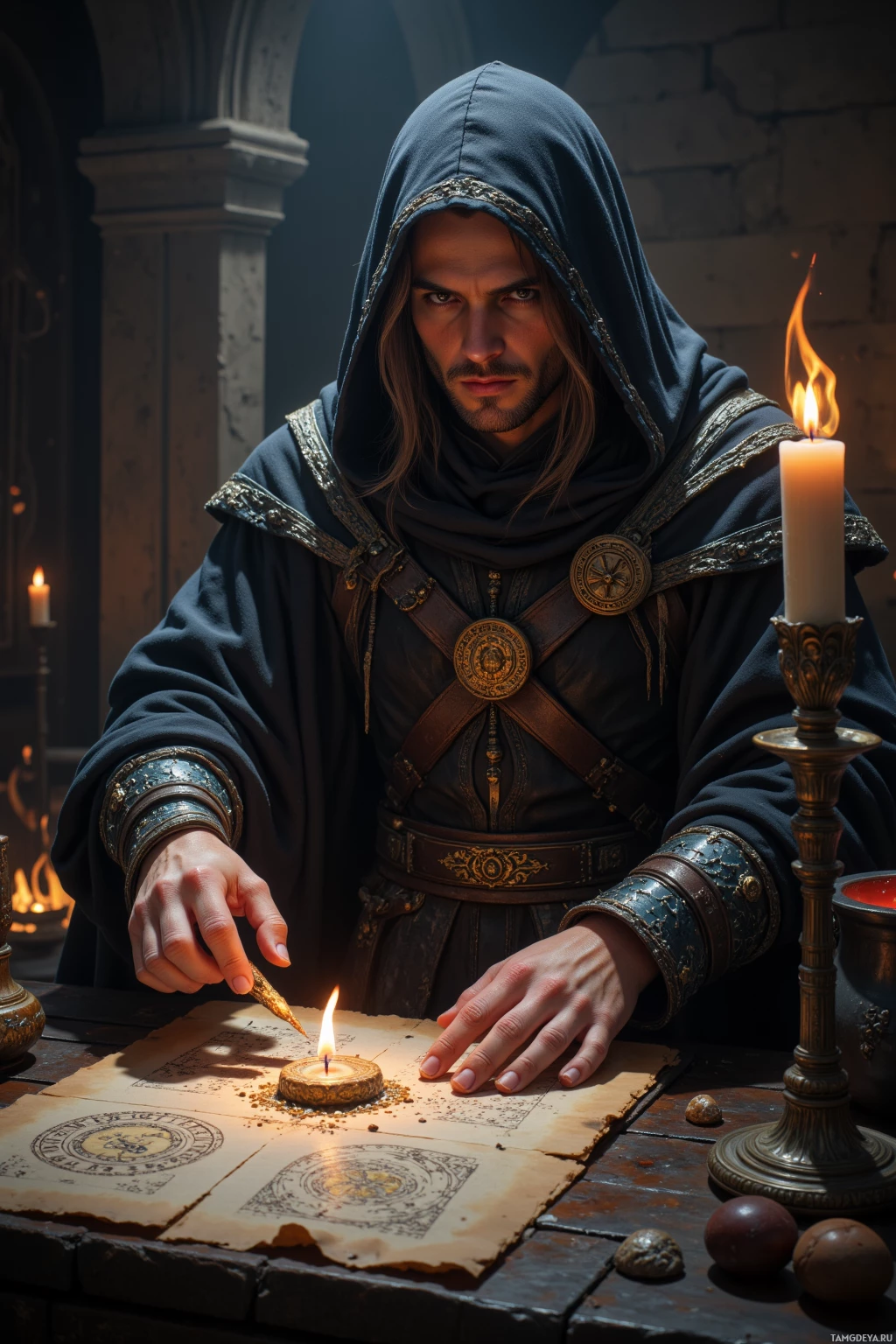 Realistic high quality photo. A 40‑year‑old male scholar with long light brown hair, piercing hazel eyes, pale olive skin, wearing black hooded robes trimmed with silver embroidery and cinched by a dark leather belt, pressing a forgotten sigil onto a candle flame that bleeds backward into darkness at an ancient altar surrounded by smoldering parchment and a murmuring cauldron in a dimly lit stone chamber of the Altar of Whispering Shadows.