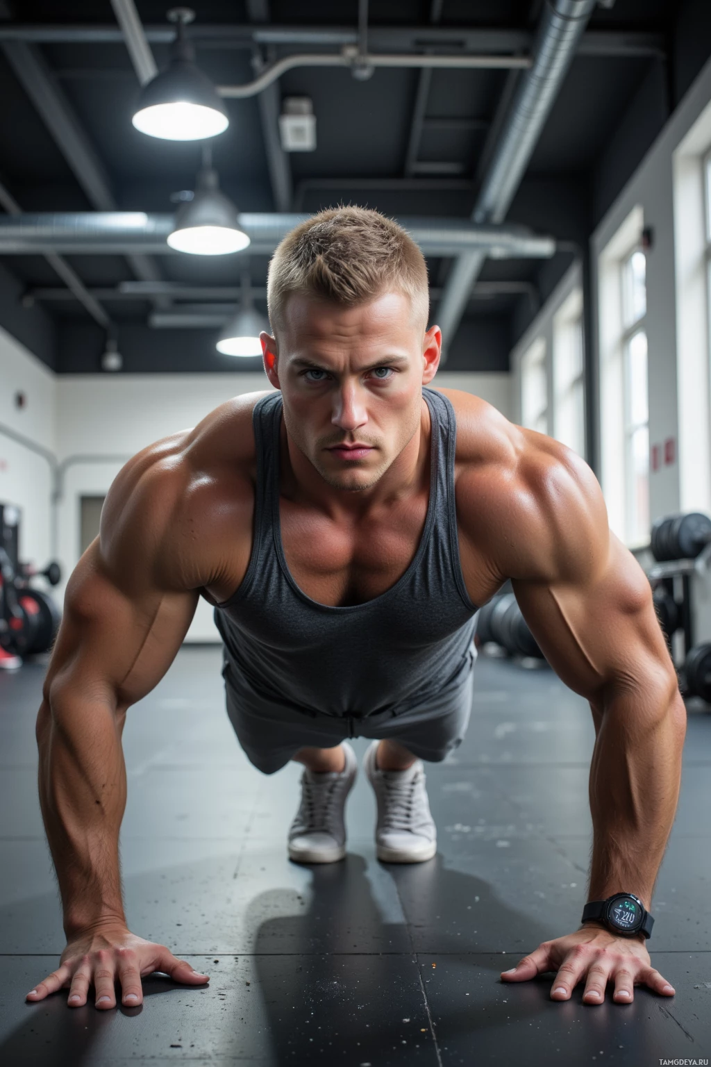 Realistic high quality photo. 29‑year‑old muscular man with short blonde buzz cut and piercing blue eyes wearing a fitted gray sleeveless tank top and matching shorts, performing push‑ups on a gym floor while an overhead ceiling fan spins; his wrist displays precise biometric data as he looks toward a janitor in the corridor who nods to a power‑hour suggestion, all set inside an indoor gym.