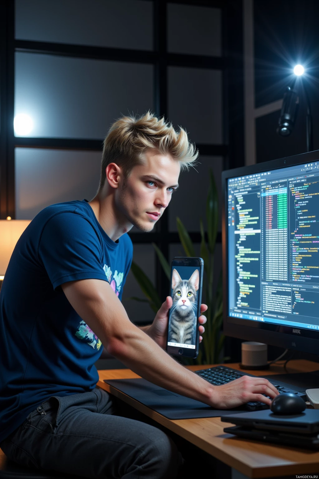 Realistic high quality photo. A 27‑year‑old man with tousled blonde hair, bright blue eyes, angular features, wearing a graphic t‑shirt and relaxed sweatpants, leans over a high‑definition 8K monitor in a modern home office, glitching pixelated code, holding a printed meme of an 18‑year‑old cat CEO in one hand, night time with the screen glow illuminating his impatient, playful grin.
