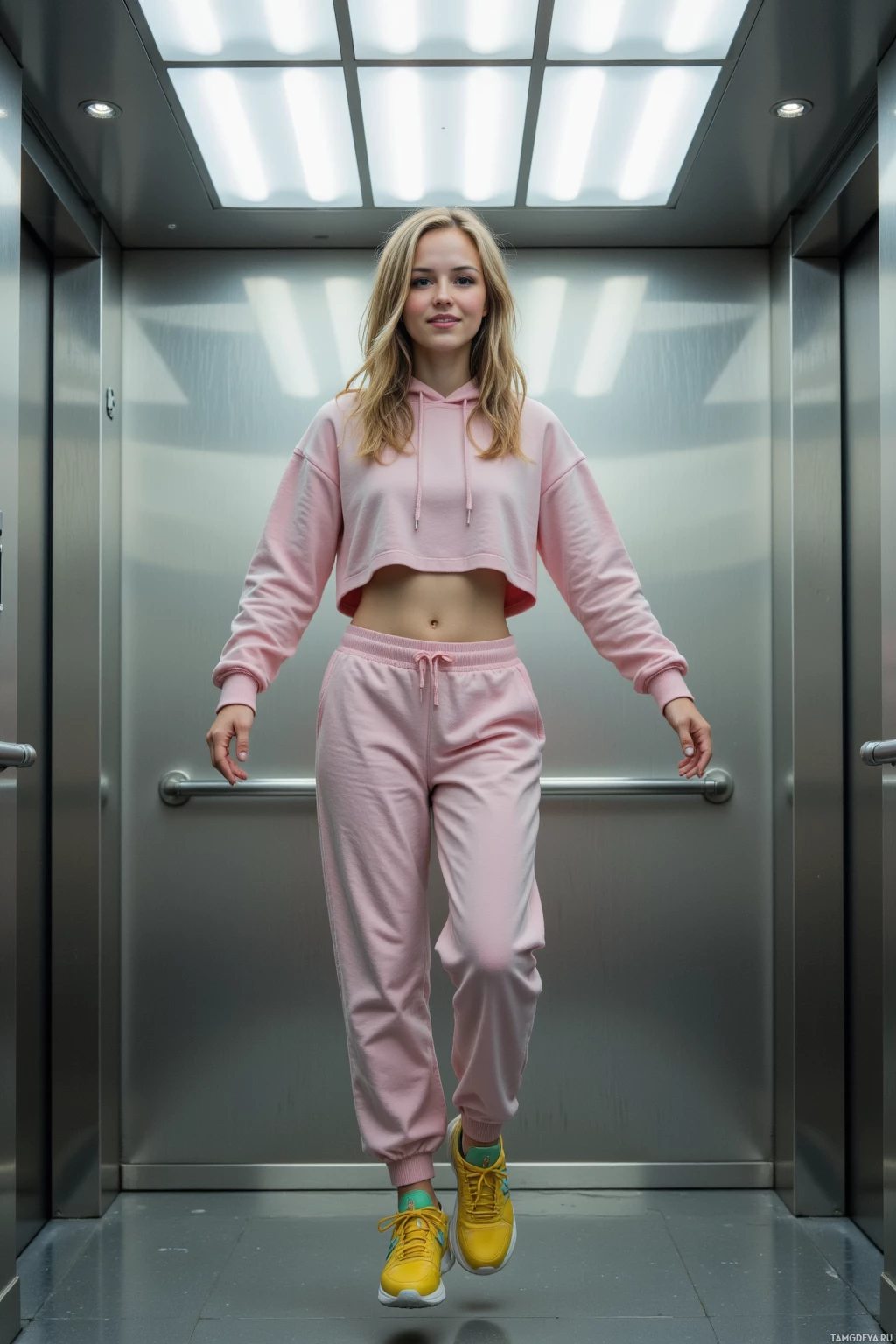 Realistic high quality photo. 21‑year‑old woman with light brown wavy hair, blue eyes, white skin, wearing a cropped hoodie, loose joggers and brightly colored sneakers, mid‑gravity‑defying leap inside a modern elevator with fluorescent lighting, her sneakers hovering beside her like dance partners, she smiles confidently despite stage jitters.