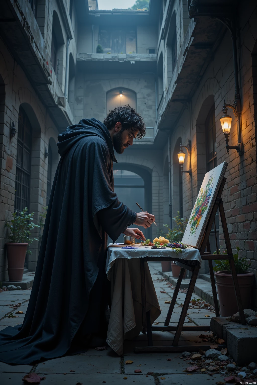 Realistic high quality photo. Tall man with dark tousled hair and piercing blue eyes in a long shadowy cloak, standing at the corner of an abandoned warehouse, setting up an easel under a faint glow of city streetlight, quietly painting a napkin on a napkin table, late evening, atmosphere of stealth and calm precision.