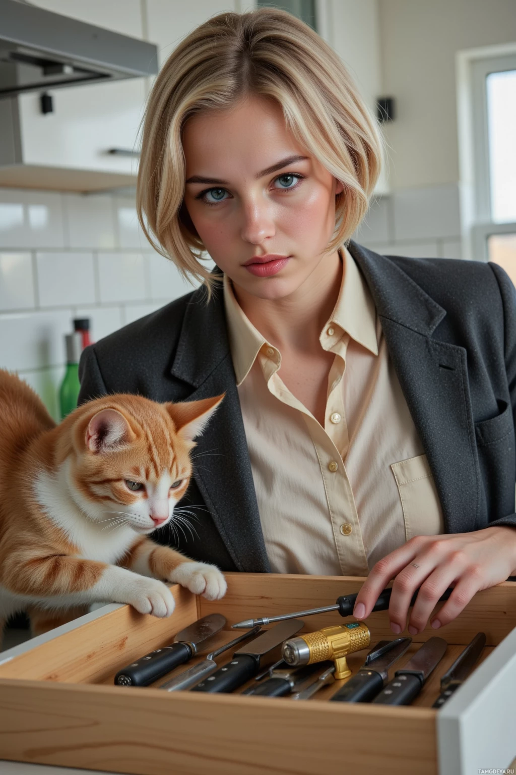 Realistic high quality photo. Methodical 27‑year‑old woman with blonde bob hair and blue eyes in a modern kitchen, wearing a vintage tailored jacket over a simple blouse, meticulously organizing knives and utensils into a drawer while a curious cat nudges a lid off a box nearby, her calm expression reflecting satisfaction as she steadies a screwdriver that slips out of alignment.