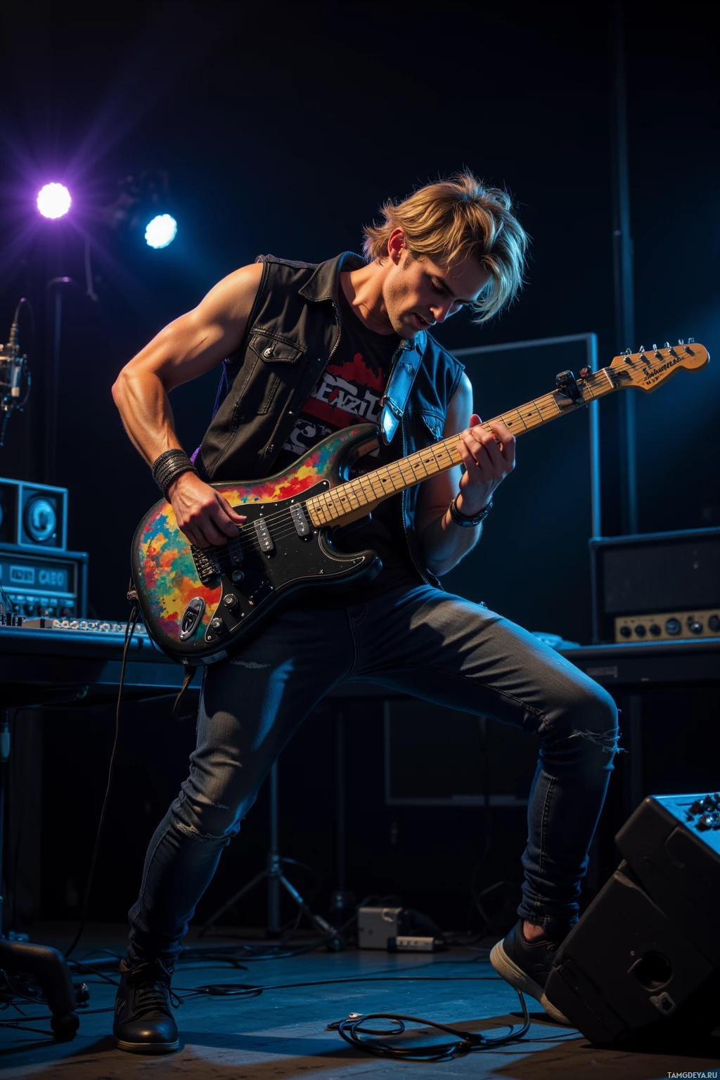 Realistic high quality photo. Male, 34, messy blonde hair, intense blue eyes, wearing a black leather jacket over a sleeveless band tee and tight faded jeans, passionately plays guitar in a dimly lit recording studio at night, surrounded by amps, cables, a mixing console, and microphone rig, his face illuminated by monitor glow, exuding uncompromising artistic intensity.