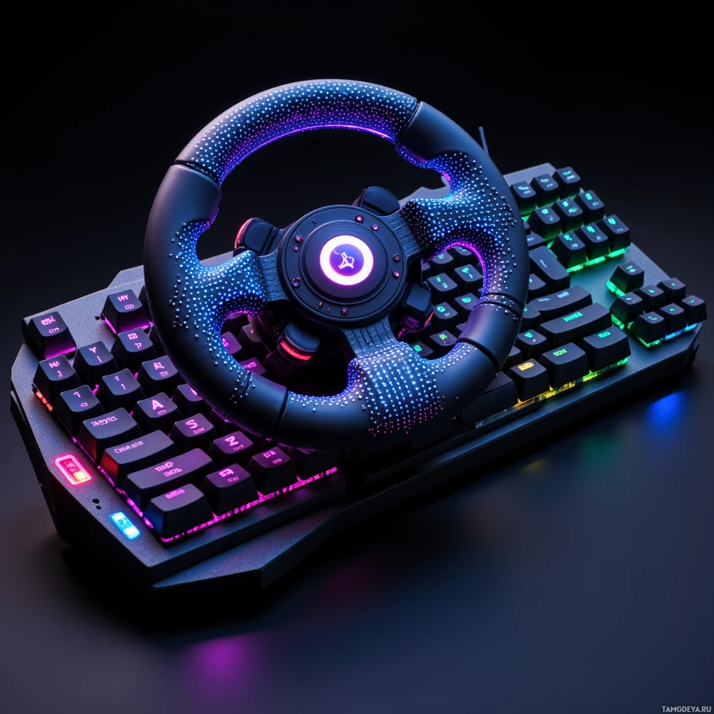Semi-abstract image with many light, that is suitable for the post:  A sleek racing‑wheel shaped mechanical keyboard in matte black and brushed aluminum, curved chassis with ergonomic curvature, silicone keycaps that adjust spring tension based on pulse, glowing RGB strips pulsing rhythmically around the wheel rim, and subtle LED matrix panels embedded along the rim for AI-driven macro visualization.