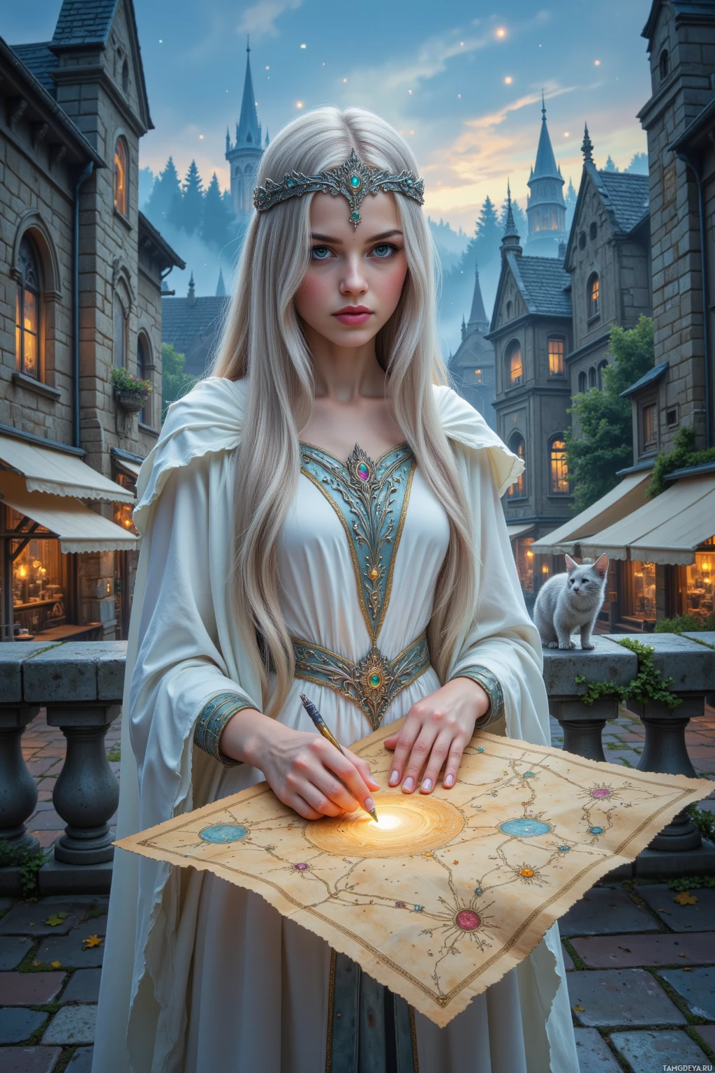 Realistic high quality photo. Female elf queen with long silver hair, clear blue eyes, pale luminous skin, wearing ethereal white robes embroidered with silver threads and a softly glowing crown, standing in a bustling market square with a stone balcony overlooking a quiet forest, a silver cat with emerald eyes perched on the balcony, she traces constellations on an old homeland map under a starlit twilight sky, gentle brushstroke glow.