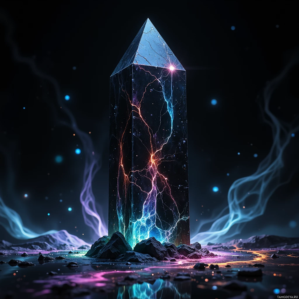 Semi-abstract image with many light, that is suitable for the post:  Slender obsidian prism of polished black glass, its facets etched with faint glowing runes, emitting shifting iridescent colors that pulse rhythmically in subtle hues.