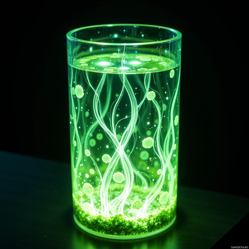 Semi-abstract image with many light, that is suitable for the post:  Translucent vertical cylindrical planter with a glass skin etched in flowing bioluminescent green patterns that pulse softly, revealing faint internal algae‑powered LEDs and subtle water channels in a sleek, modern organic design.