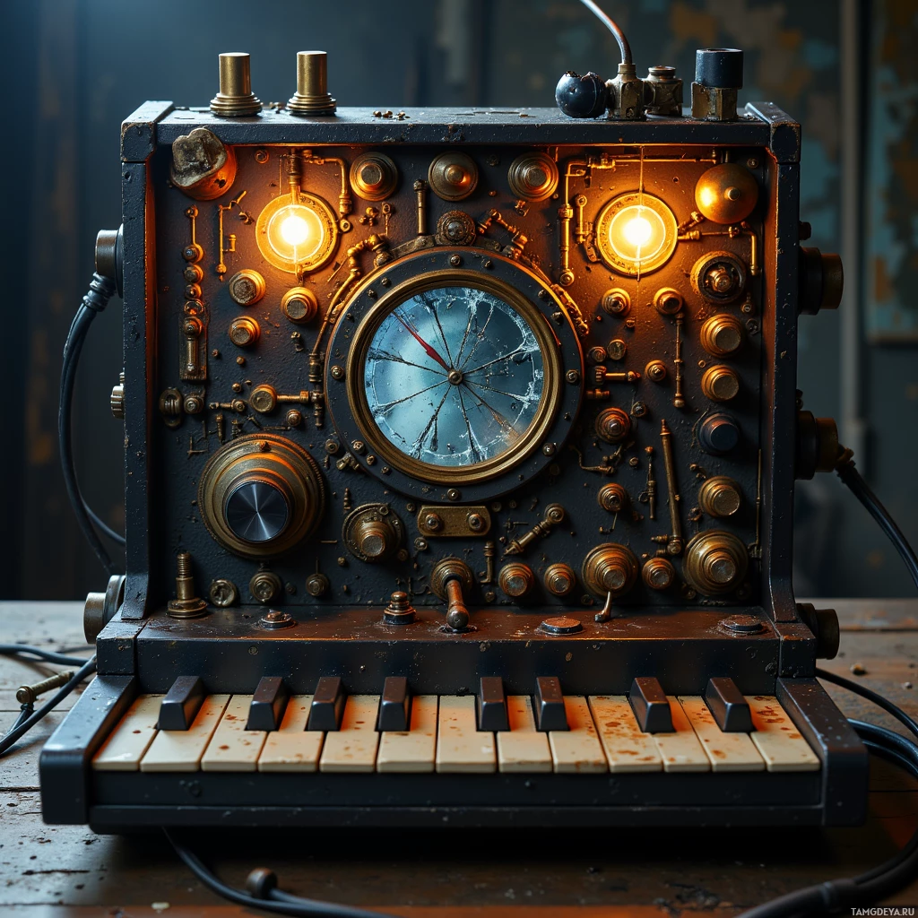 Semi-abstract image with many light, that is suitable for the post:  Blackened steel chassis of reclaimed ship iron with a cracked glass front panel that glows faintly when active, exposed brass oscillators, a drum‑shaped mechanical filter knob, and a worn black key pad, all conveying an industrial, raw, rebellious aesthetic.