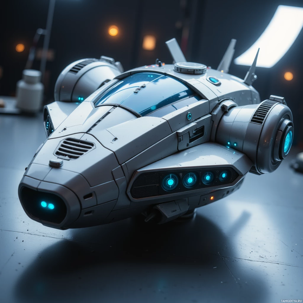 Semi-abstract image with many light, that is suitable for the post:  Titanium‑cased, spaceship‑shaped kitchen gadget with glossy surfaces, sharp angular lines, glowing soft blue HUD, small vents and minimalist controls, sleek futuristic design.