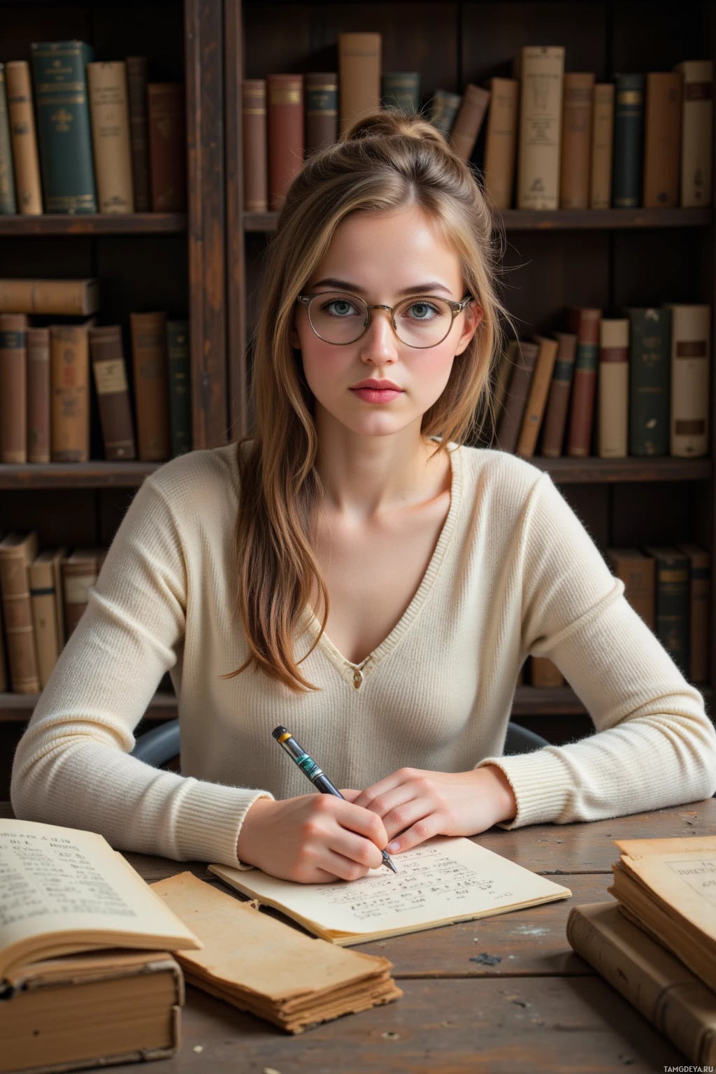 Realistic high quality photo. A 26‑year‑old woman with long light brown hair in a messy bun, bright blue eyes framed by vintage round glasses, porcelain skin, wearing a soft cream sweater and simple skirt, sits at a modest library desk surrounded by piles of parchment and dusty shelves, gently tracing faint Sumerian glyphs on an ancient tablet while jotting notes in her notebook, the room illuminated by warm morning light that highlights the scent of ink and paper.