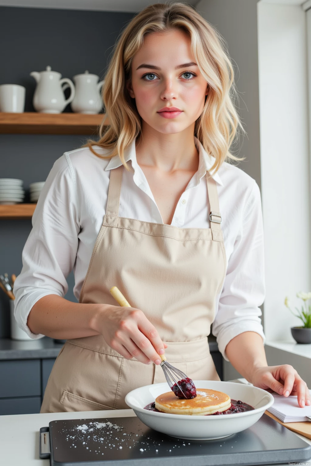 Realistic high quality photo. woman with curly blonde hair, bright blue eyes, warm beige skin, wearing a cozy white shirt under a soft apron and high‑waisted jeans, standing in a modern kitchen, whisk shaking over a bowl of blueberry puree with a dash of sea salt, a half‑cooked pancake on a griddle beside her, drafting a recipe card on a clipboard, morning sunlight streaming through a window.