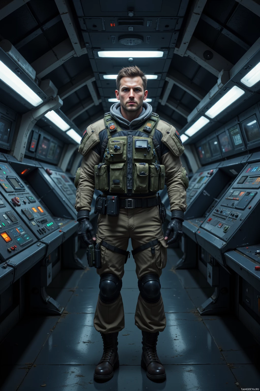 Realistic high quality photo. A 33‑year‑old male soldier with short brown hair, piercing blue eyes, sharp jawline, fair skin, wearing a tactical vest, boots, and camouflage pants, standing in a dim orbital rail corridor, listening to the constant hum, watching precise system ticks on glowing control panels, while his crewmates laugh echoing off the bulkheads.