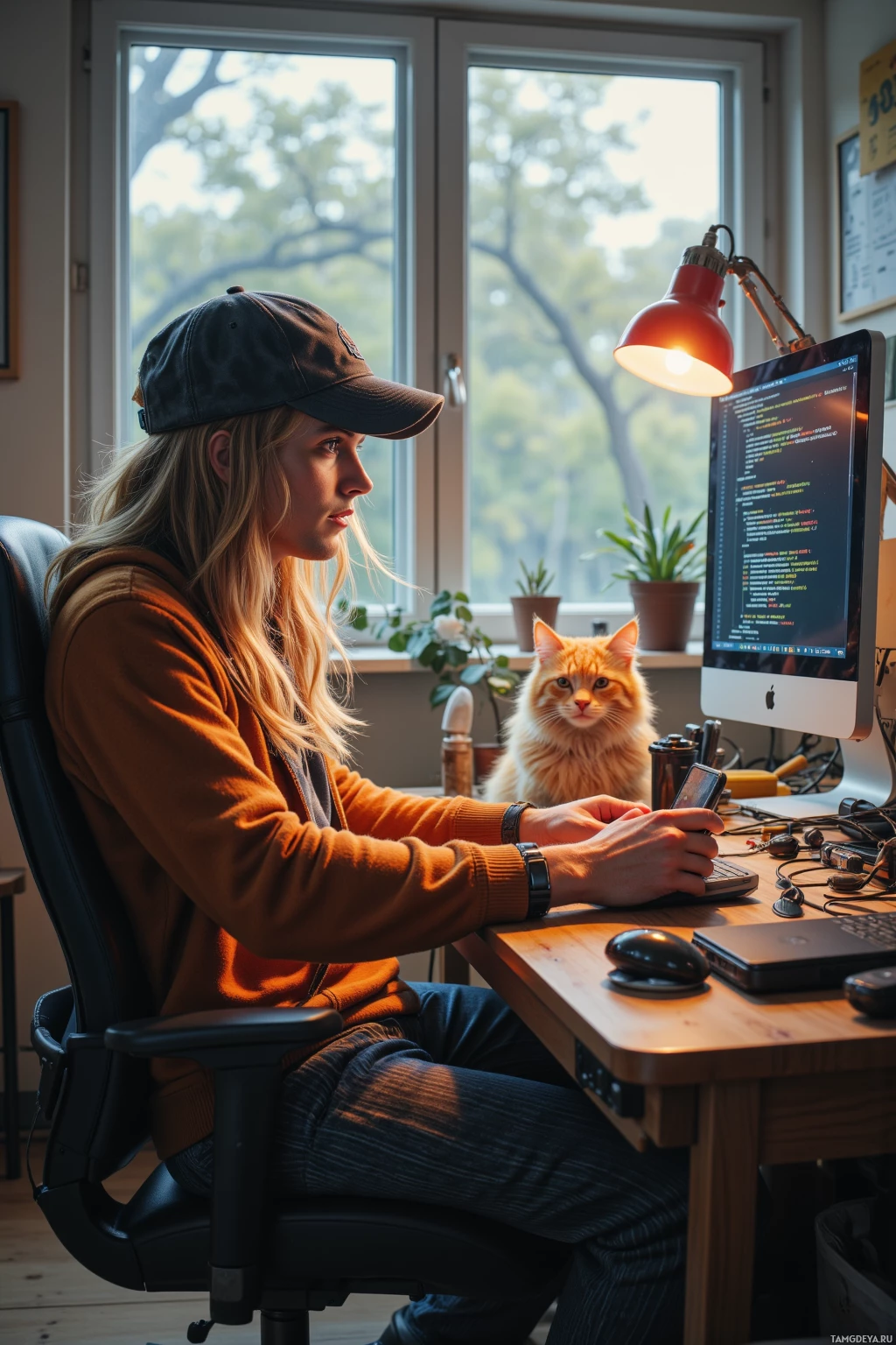 Realistic high quality photo. A messy blonde-haired young man in an oversized cap and striped pants, disheveled yet endearing, sits at a cluttered desk tangled in cables while livestreaming code with static glitch and error pop-ups on screen, explaining Wi‑Fi to a curious cat perched on the keyboard, his phone buzzing low battery alert, modern home office setting under late afternoon light.