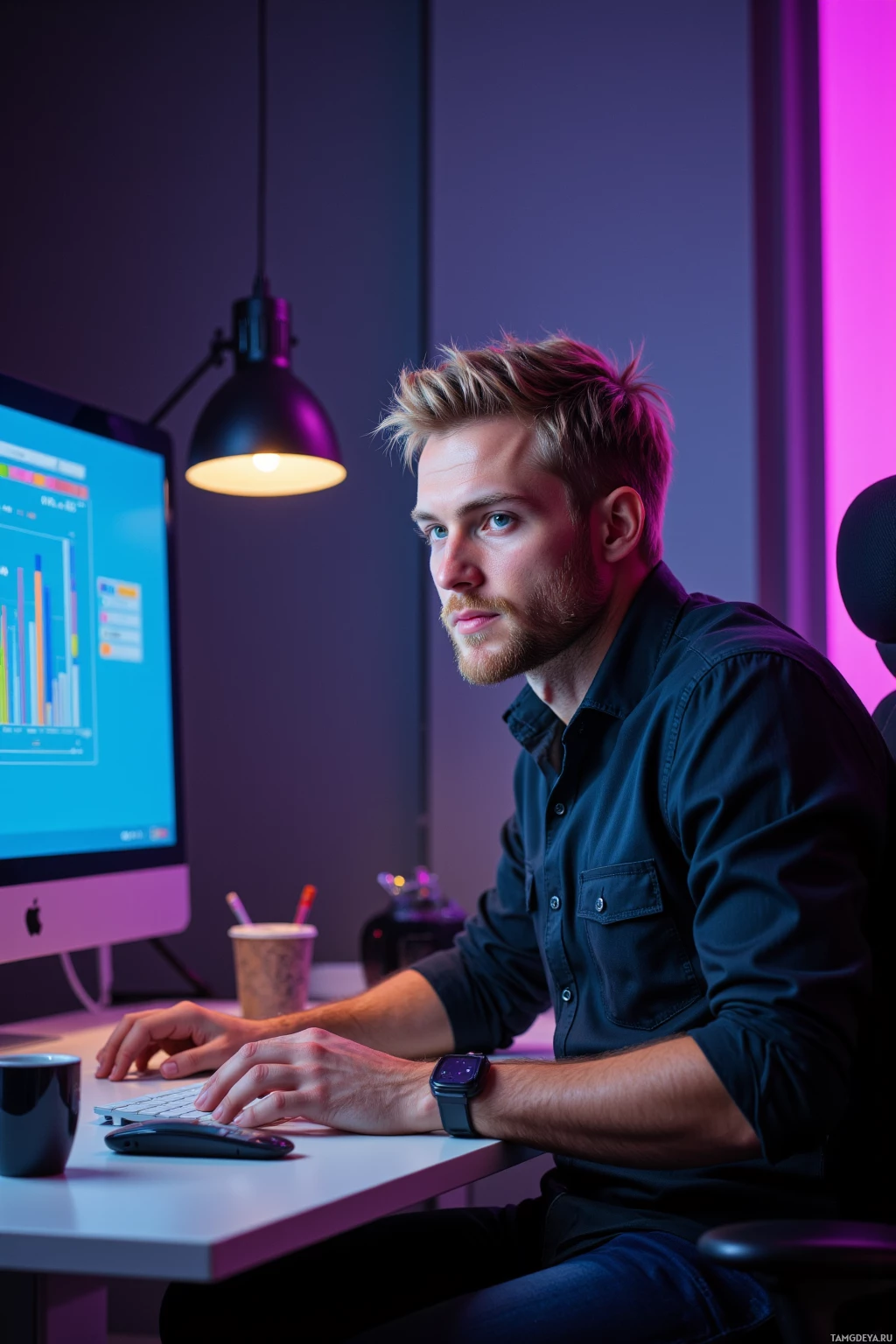 Realistic high quality photo. 30‑year‑old man with pale skin, freckled face, blonde casually styled hair, blue eyes, wearing relaxed‑fit sporty casual clothes, sitting at a night‑time desk in a modern office, monitor lights flickering, spreadsheet on screen, neon‑hued wall behind him, small guardian lamp casting warm glow, focused yet amused as he tweaks data, a coffee mug nearby