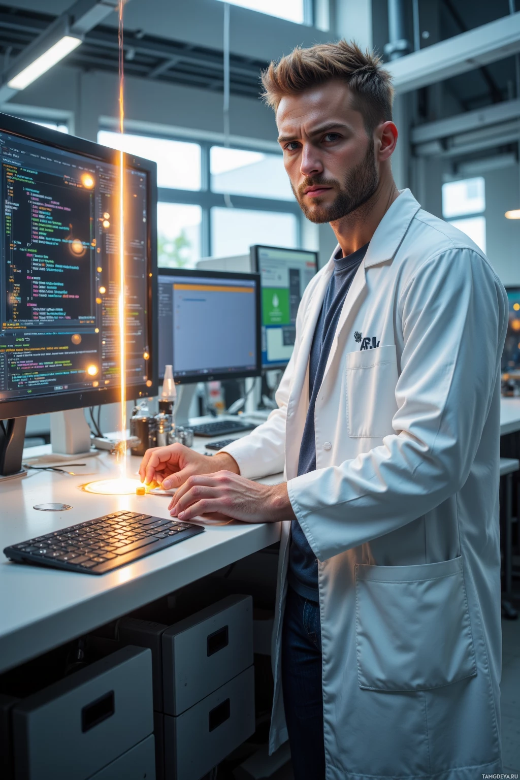 Realistic high quality photo. Male, 29, short russet hair, blue eyes, fair skin, sharp features, wearing a white lab coat over a casual t‑shirt and jeans, standing in a high‑tech laboratory with a glowing spectrometer emitting a phantom pulse, a quantum beacon prototype on a polished workbench, code screens flickering, daylight streaming through large windows, his hands animatedly typing, focused and slightly frustrated.